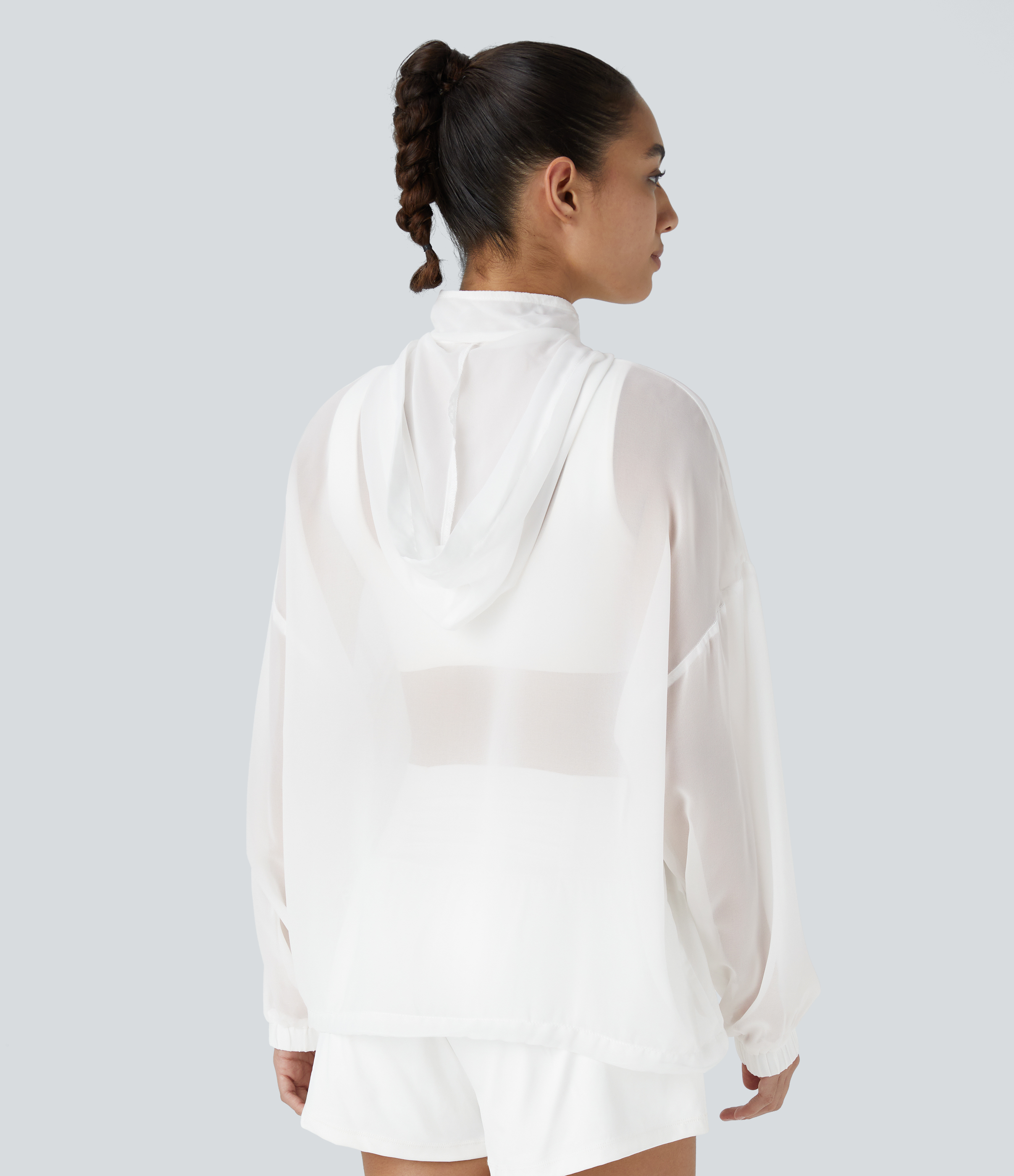 Halara Hooded Zipper Adjustable Drawcord Sheer Oversize Hiking Chiffon Jacket  - White - XS 