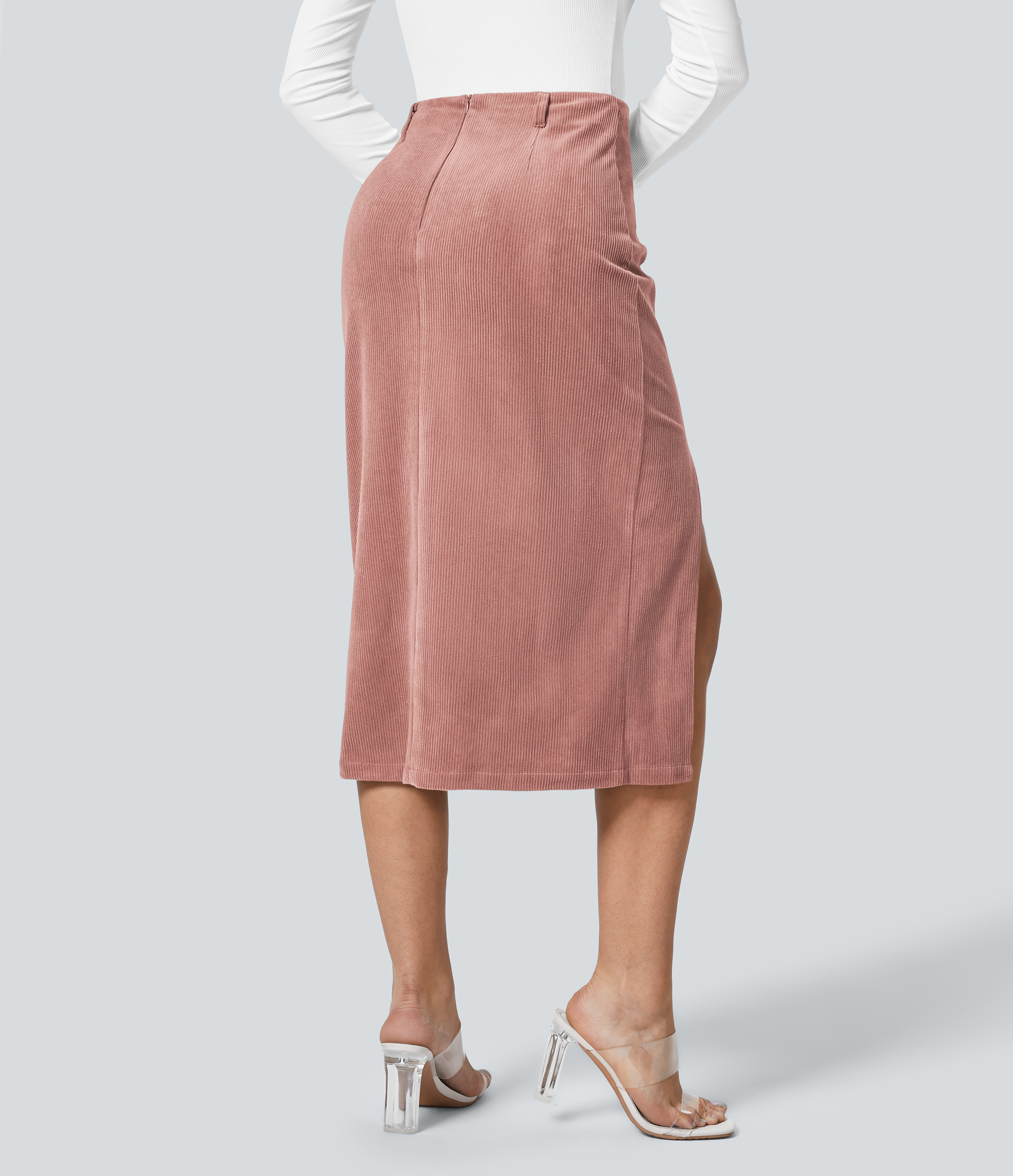 Halara High Waisted Invisible Zipper Split Hem Midi Corduroy Casual Skirt  - Desert Sand - S(regular) 