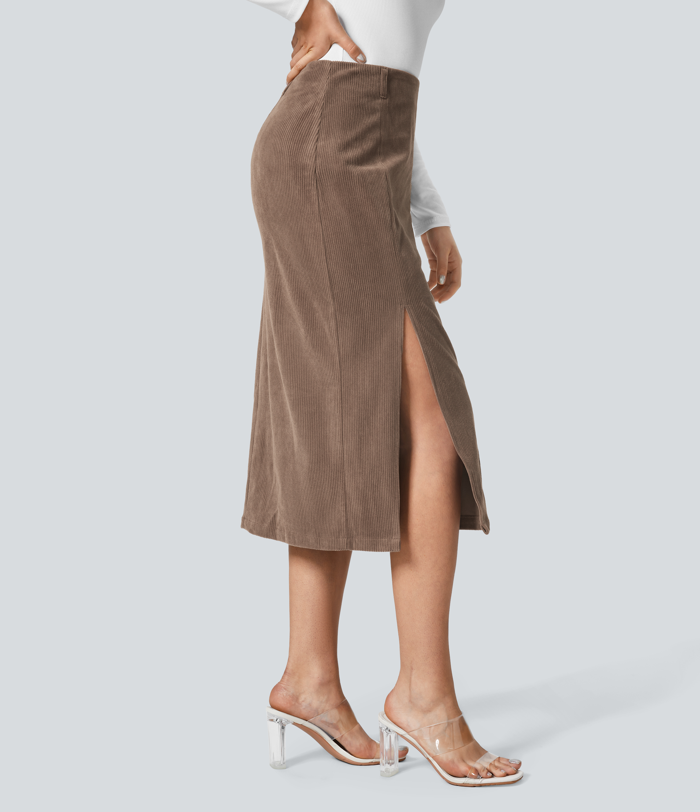 Halara High Waisted Invisible Zipper Split Hem Midi Corduroy Casual Skirt  - Cocoa Brown - L(regular) 