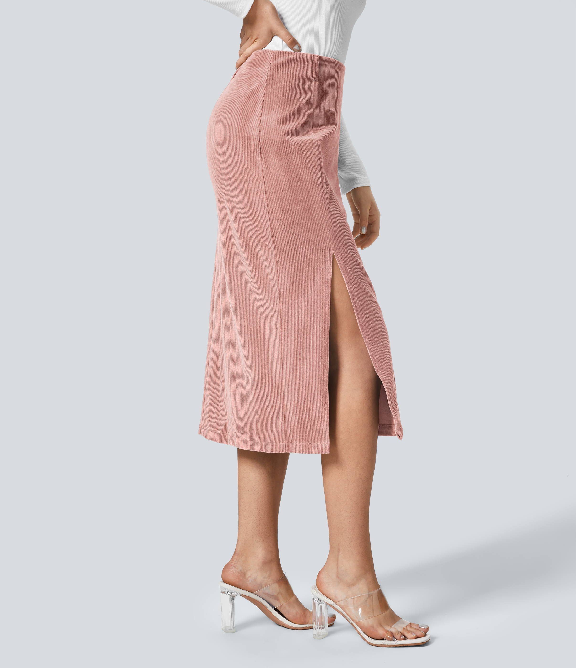 Halara High Waisted Invisible Zipper Split Hem Midi Corduroy Casual Skirt  - Desert Sand - S(regular) 