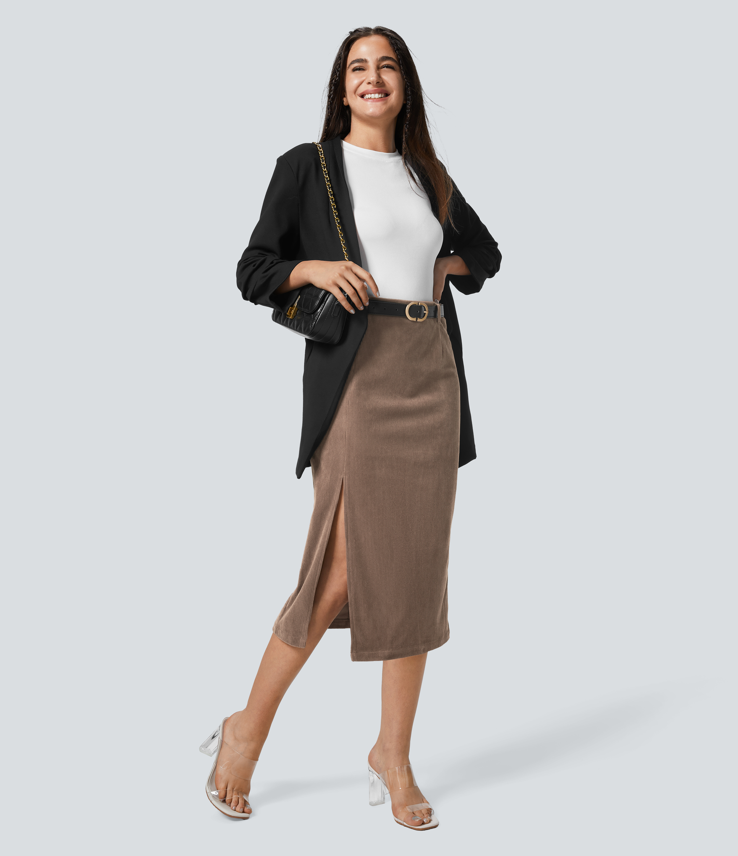 Halara High Waisted Invisible Zipper Split Hem Midi Corduroy Casual Skirt  - Cocoa Brown - L(regular) 