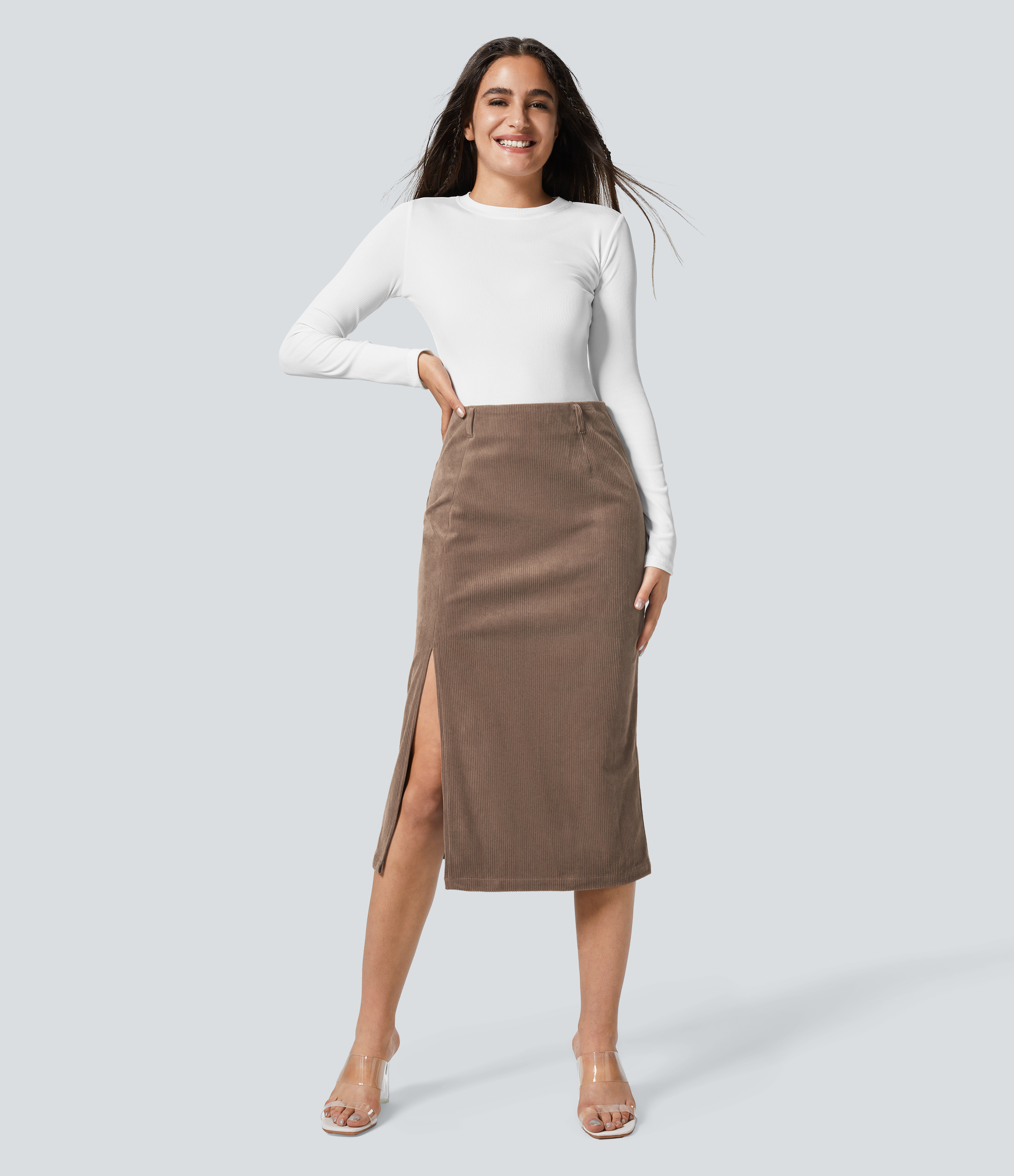 Halara High Waisted Invisible Zipper Split Hem Midi Corduroy Casual Skirt  - Cocoa Brown - L(regular) 