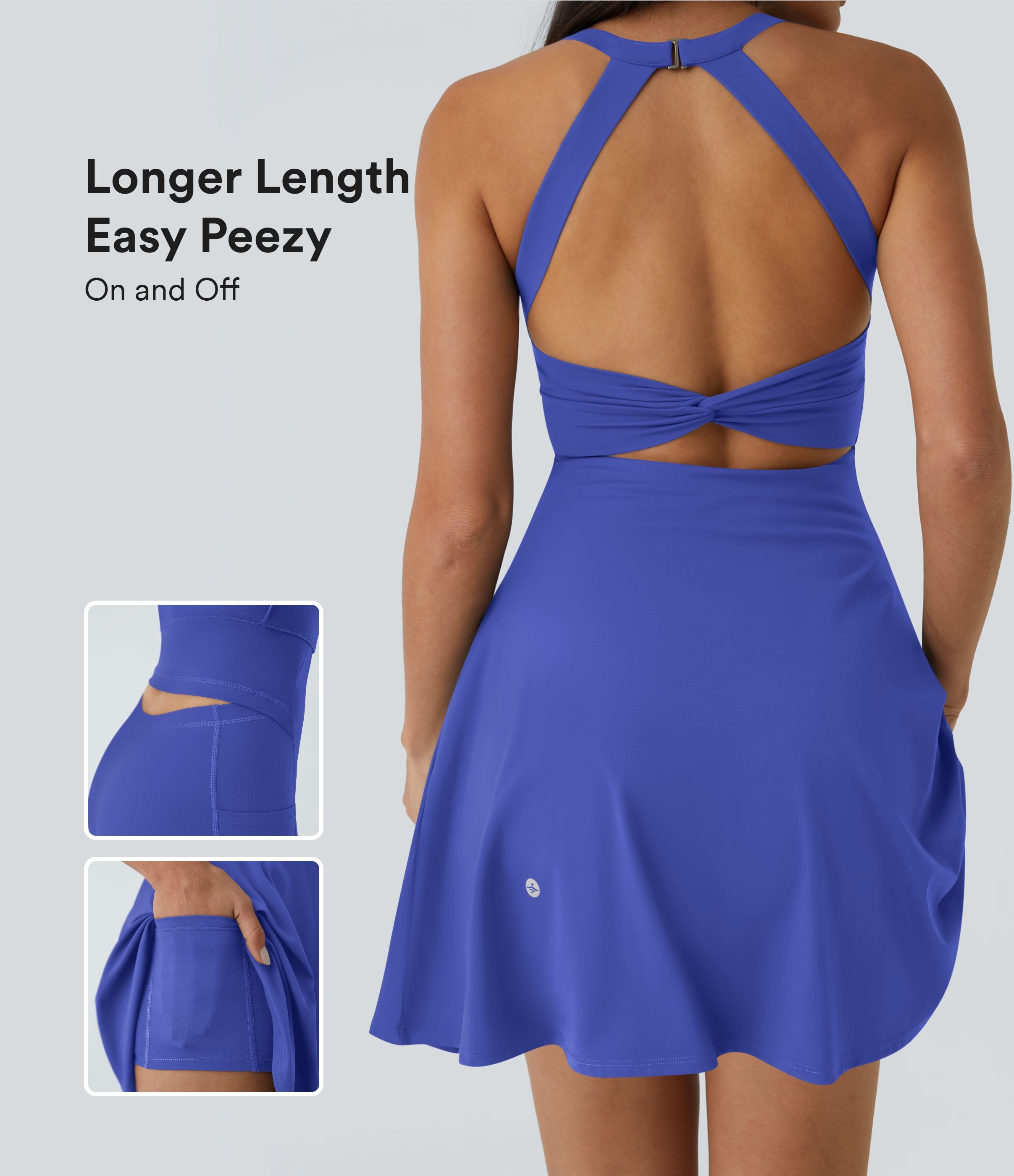 Halara Backless Twisted Flare Dance Active Dress-Longer Length-Easy Peezy Edition Workout Dress - Aster Blue - XS 