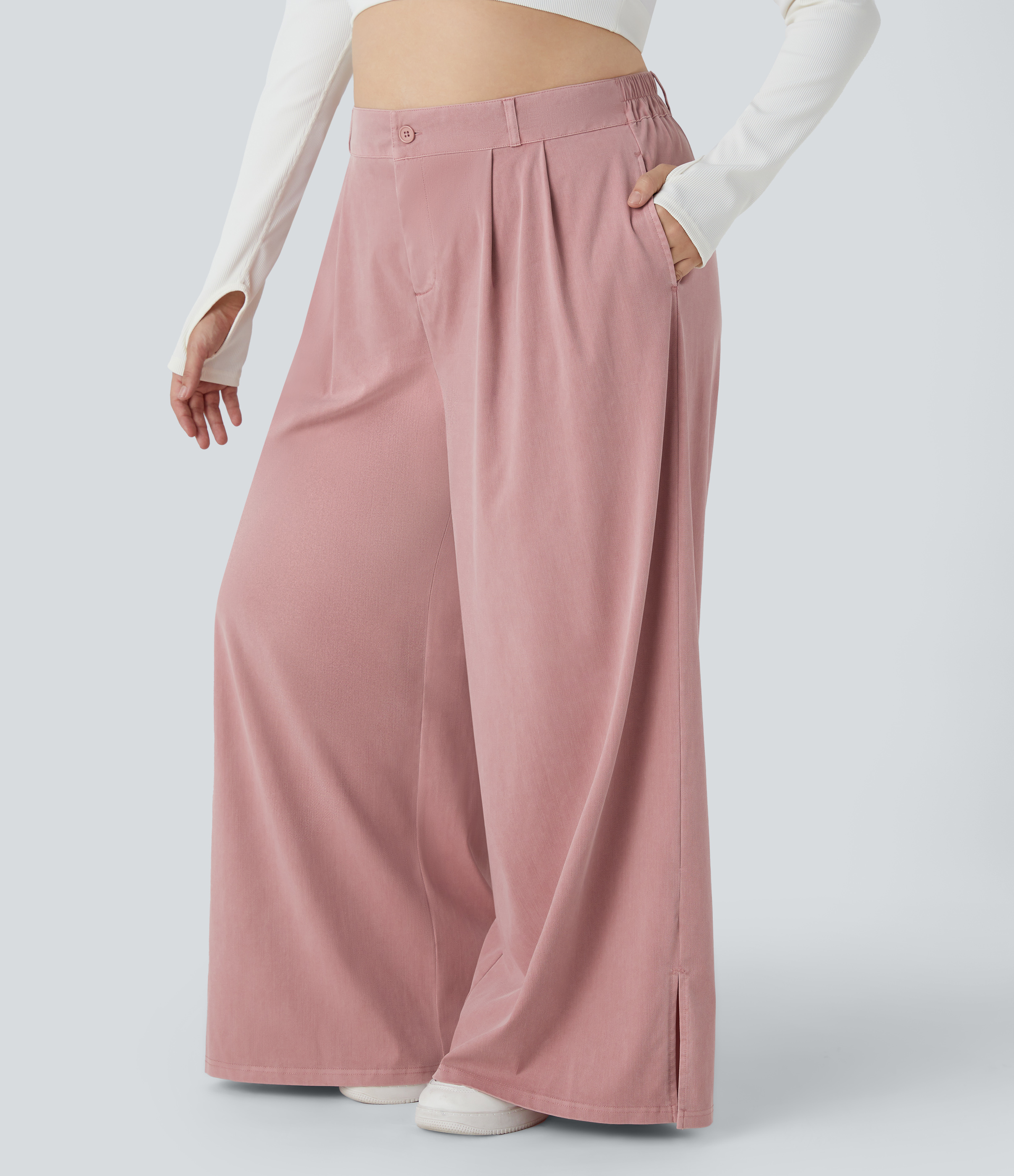 Halara High Waisted Button Zipper Plicated Side Pocket Split Hem Wide Leg Casual Plus Size Pants  - Plum Pink Denim - 3X(regular) 