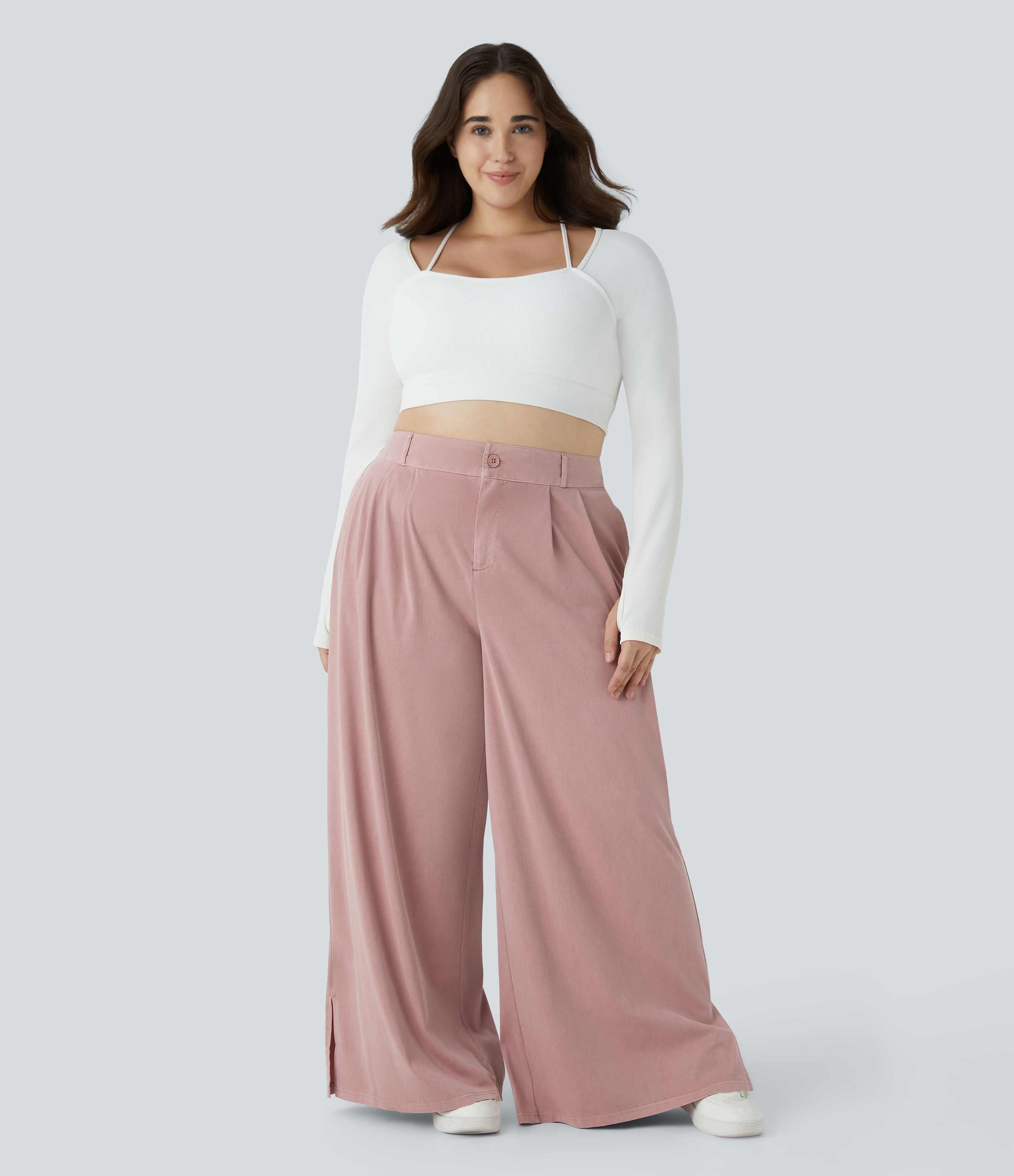 Halara High Waisted Button Zipper Plicated Side Pocket Split Hem Wide Leg Casual Plus Size Pants  - Plum Pink Denim - 3X(regular) 
