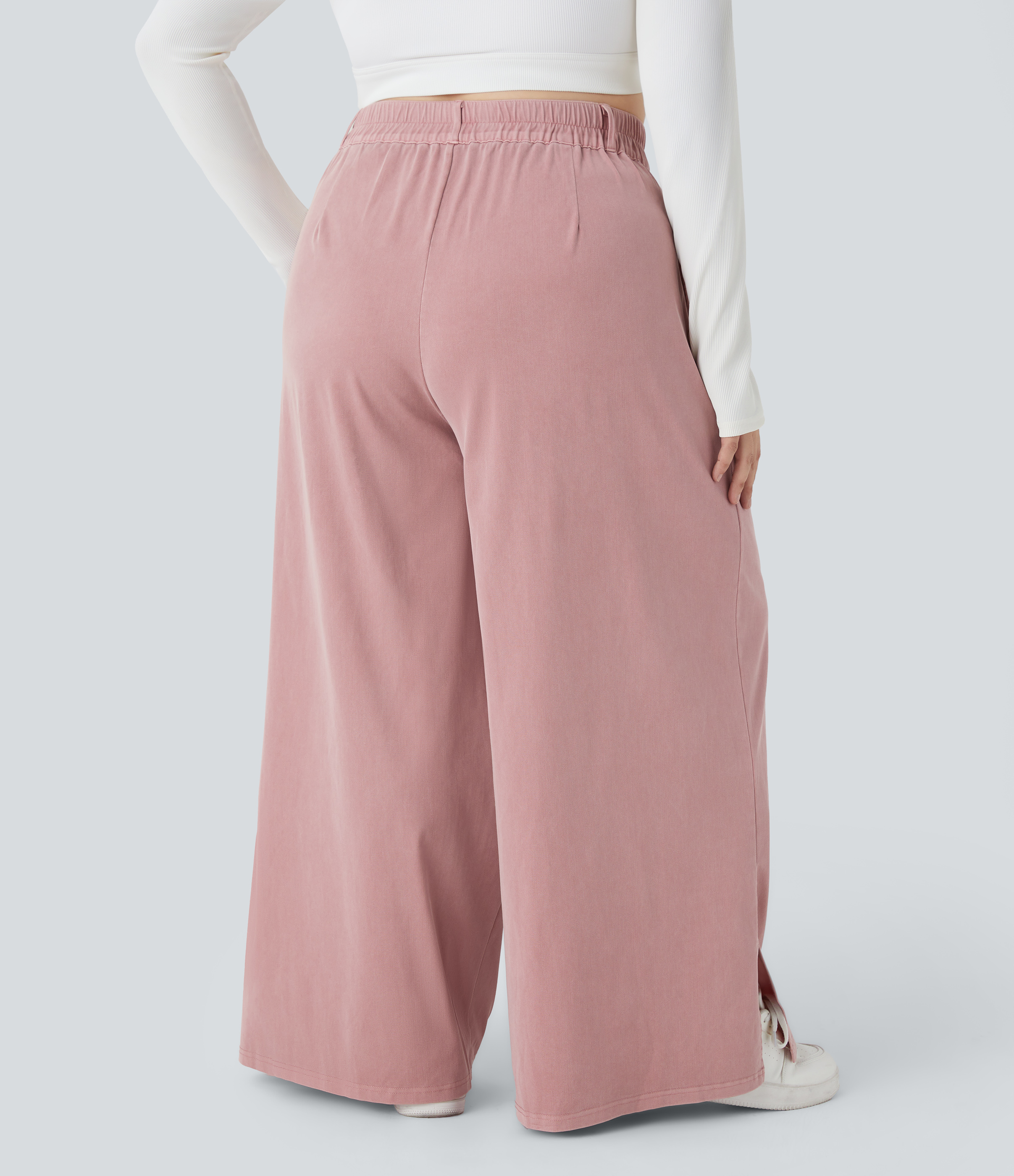 Halara High Waisted Button Zipper Plicated Side Pocket Split Hem Wide Leg Casual Plus Size Pants  - Plum Pink Denim - 3X(regular) 