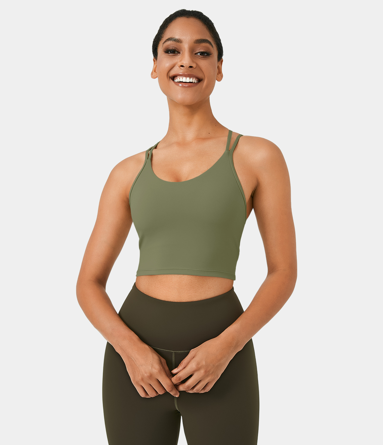 Halara Softlyzeroв„ў Airy Double Straps Backless Crisscross Cropped Cool Touch Yoga Tank Top Tank Top - Loden Green - L golf tops halter top 