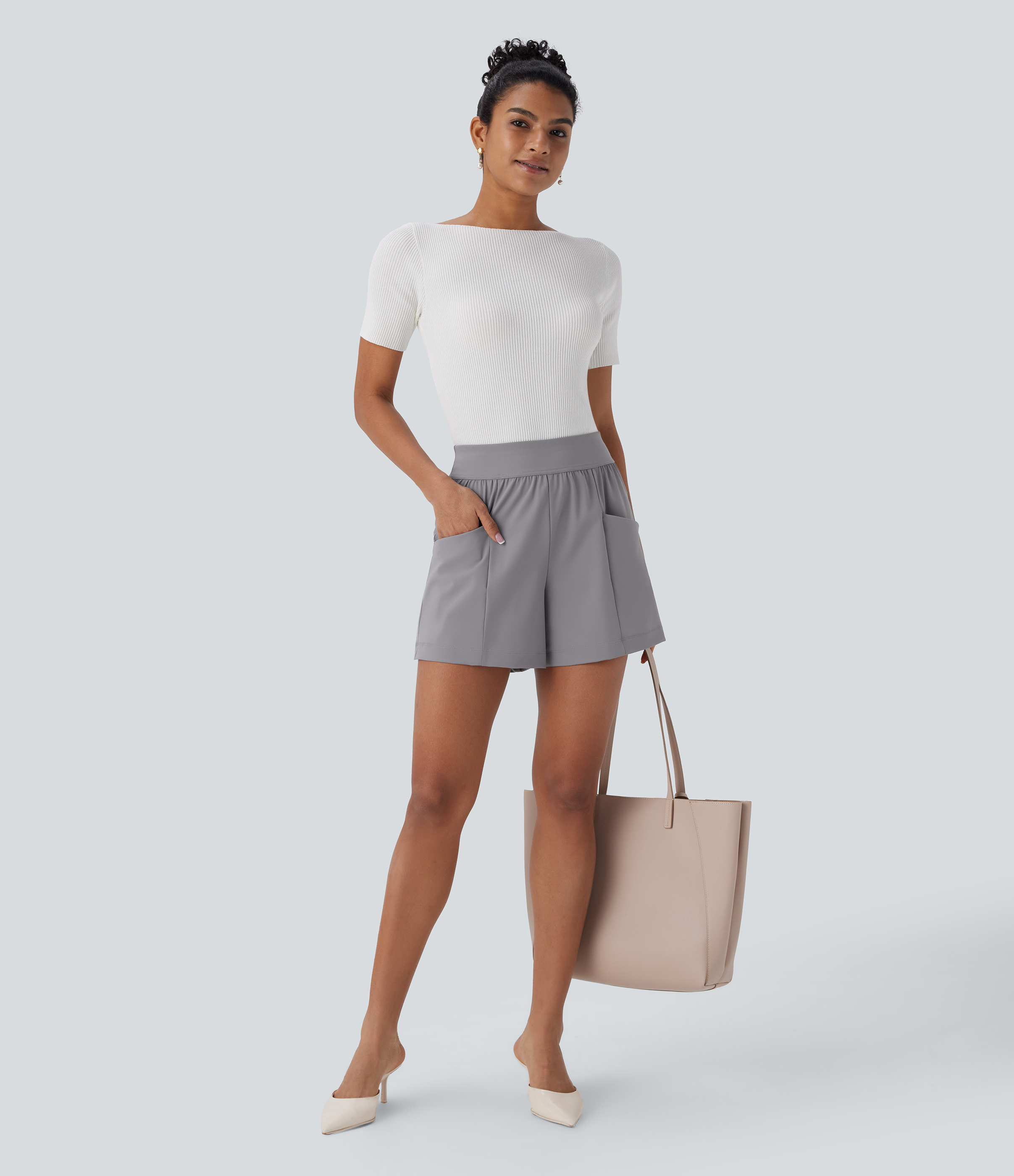 Halara High Waisted Side Pocket Work Shorts 4``  - Gray Flannel - M booty shorts compression shorts yoga shorts 