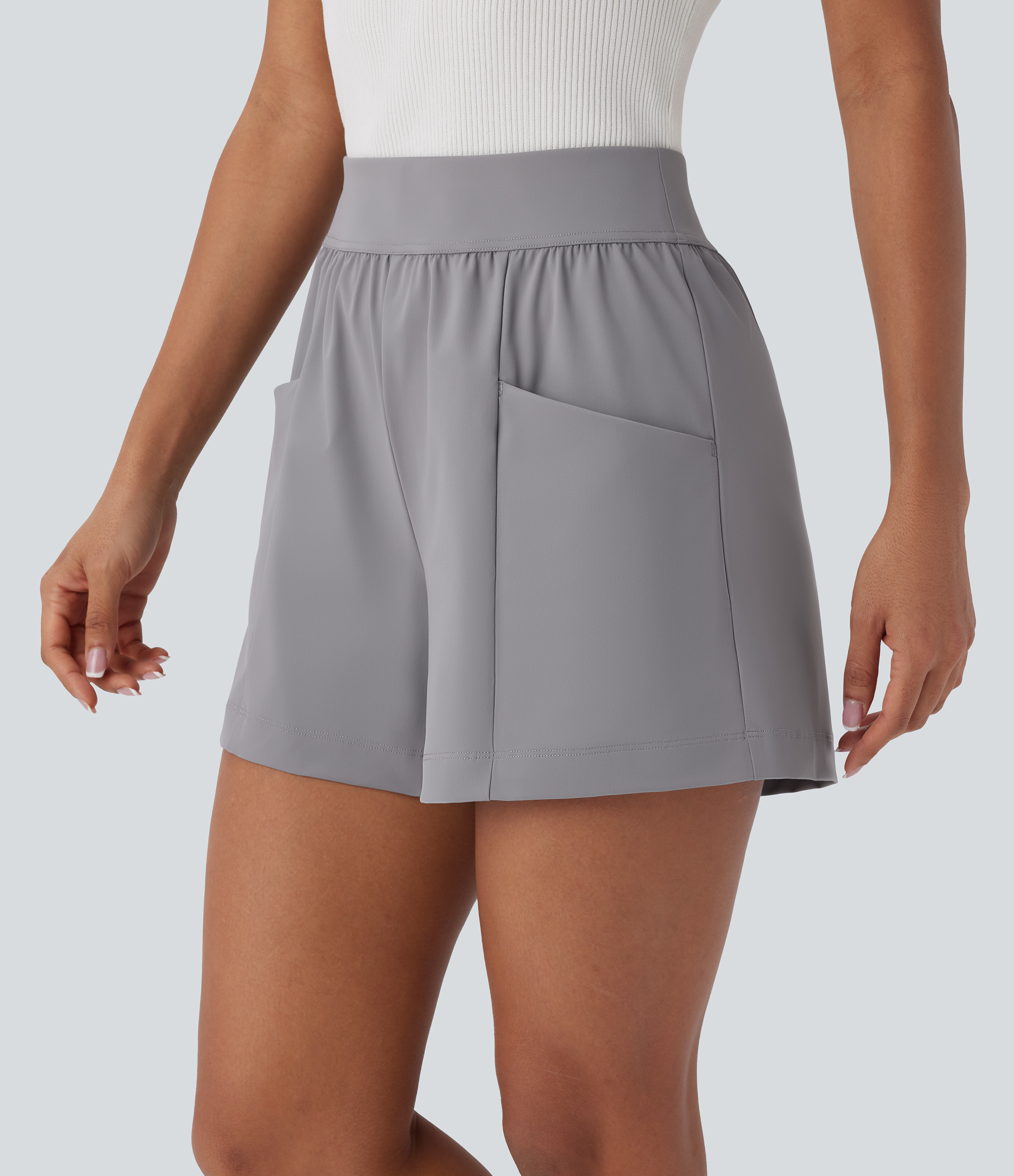 Halara High Waisted Side Pocket Work Shorts 4``  - Gray Flannel - M booty shorts compression shorts yoga shorts 