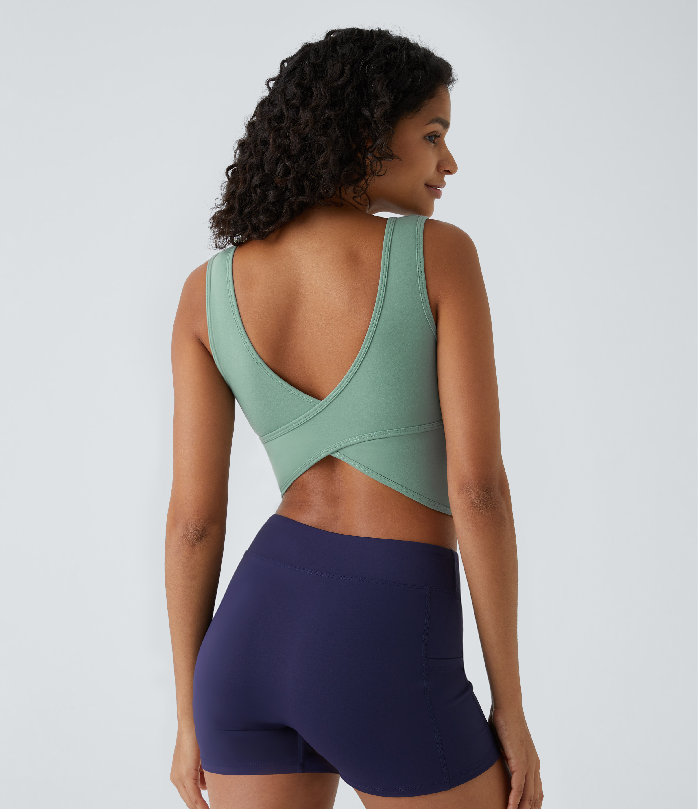 Halara U Neck Backless Crossover Barre Ballet Dance Tank Top Tank Top - Hedge Green - XS golf tops halter top tunic tops sleeveless tops 
