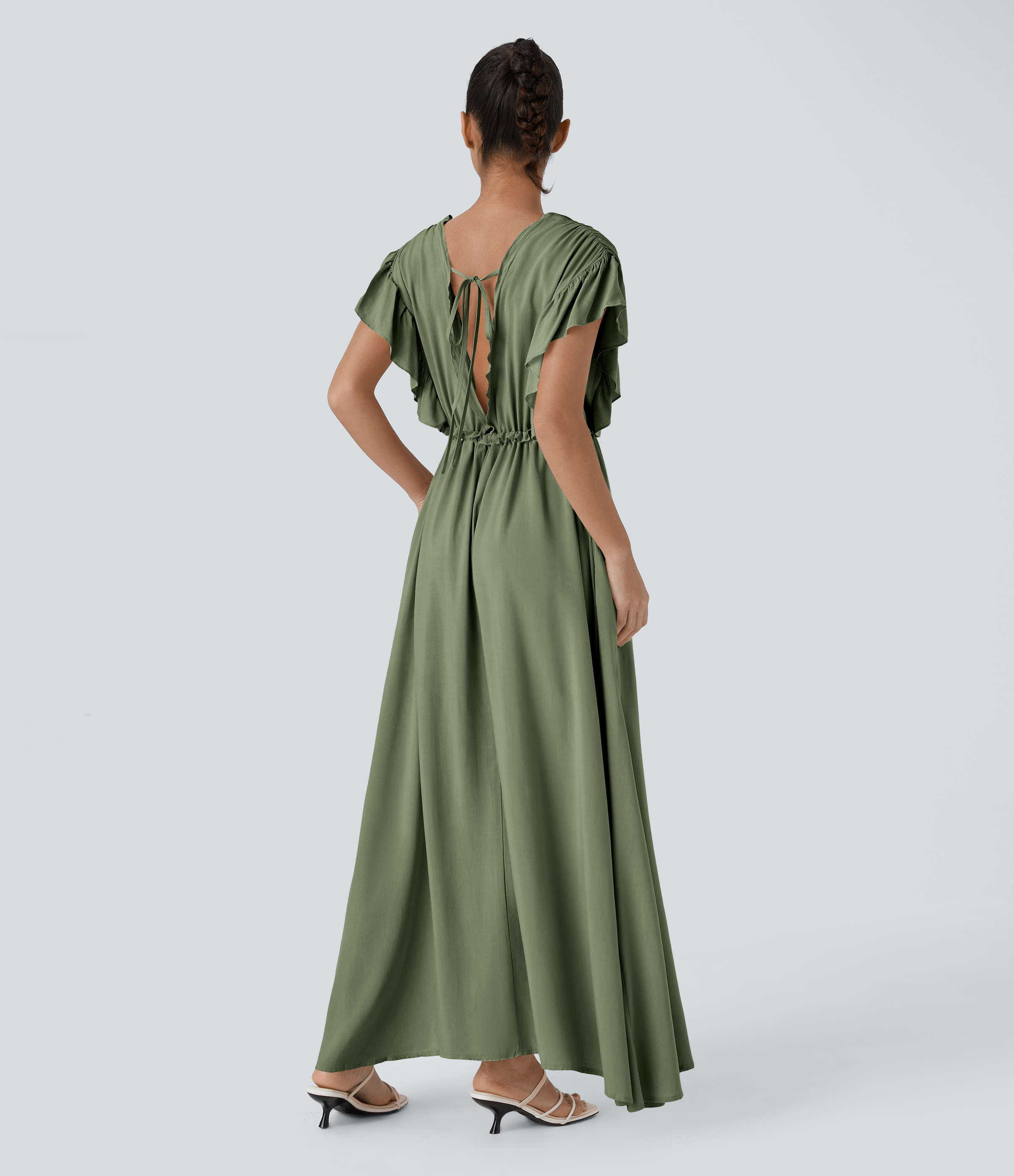 Grass Light Green Robe Casual Maxi Flowy Encolure en V Profond Manches Papillon Dos Nu Cordon de Serrage Boutonnés Poches Latérales / 2