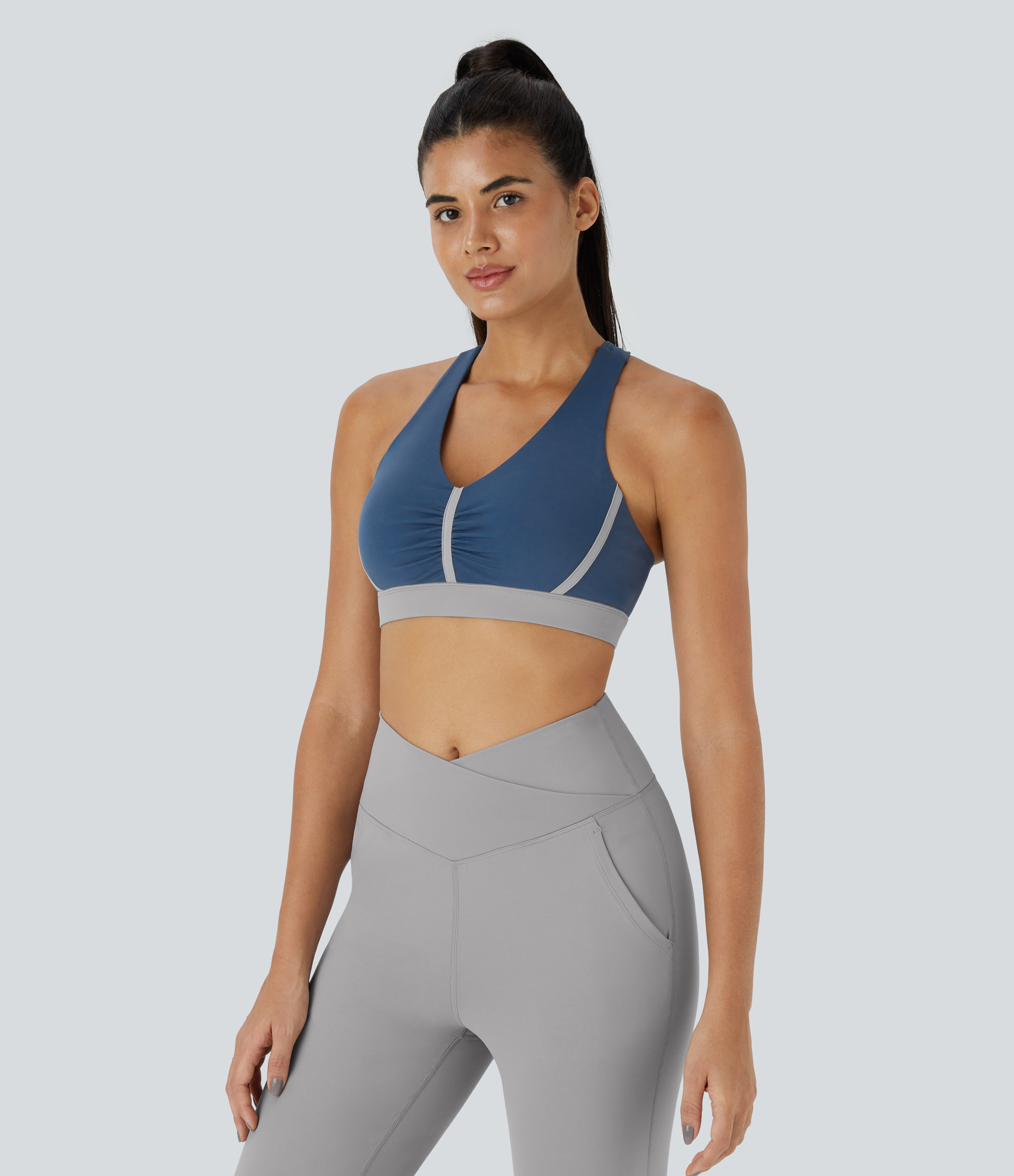 Halara Softlyzeroв„ў Plush Low Support Backless Ruched Color Block Yoga Sports Bra  - Dark Turquoise - XL push up bra strapless bra 