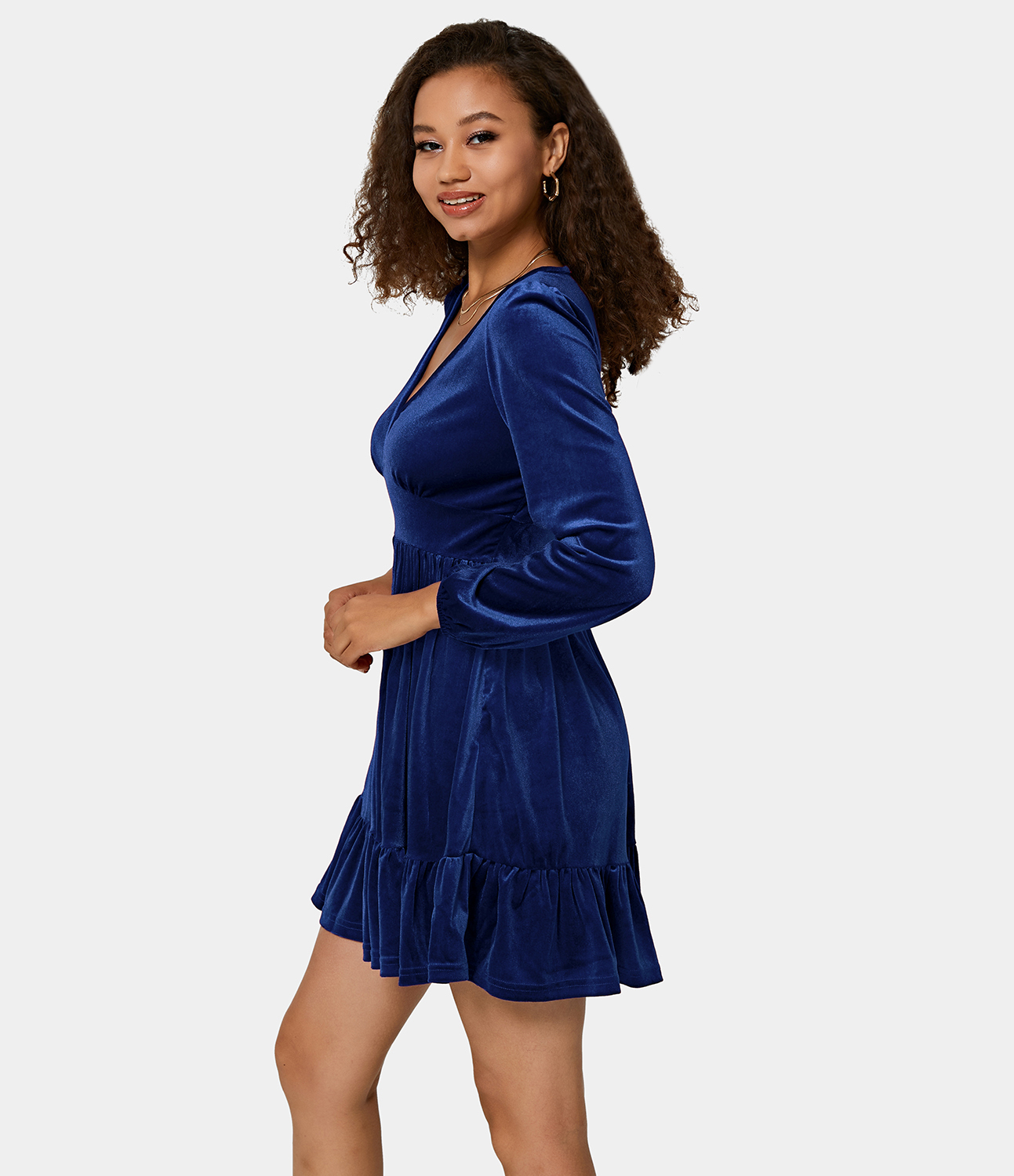 

Halara Everyday Deep V Neck Ruffled Hem Velvet Mini Chill Party Dress Casual Dress - Midnight Ocean -  slip dress beach dress ruched dress