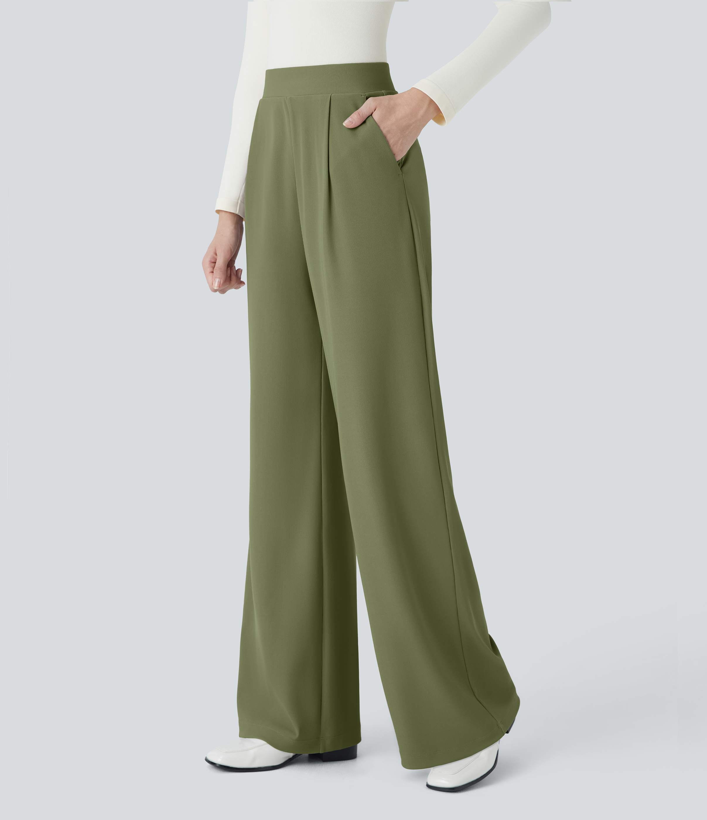 Halara Halara Flexв„ў High Waisted Body Sculpt Waist-Slimming Side Pocket Wide Leg Micro Waffle Work Pants  - Mosstone - XS(petite) sweatpants 