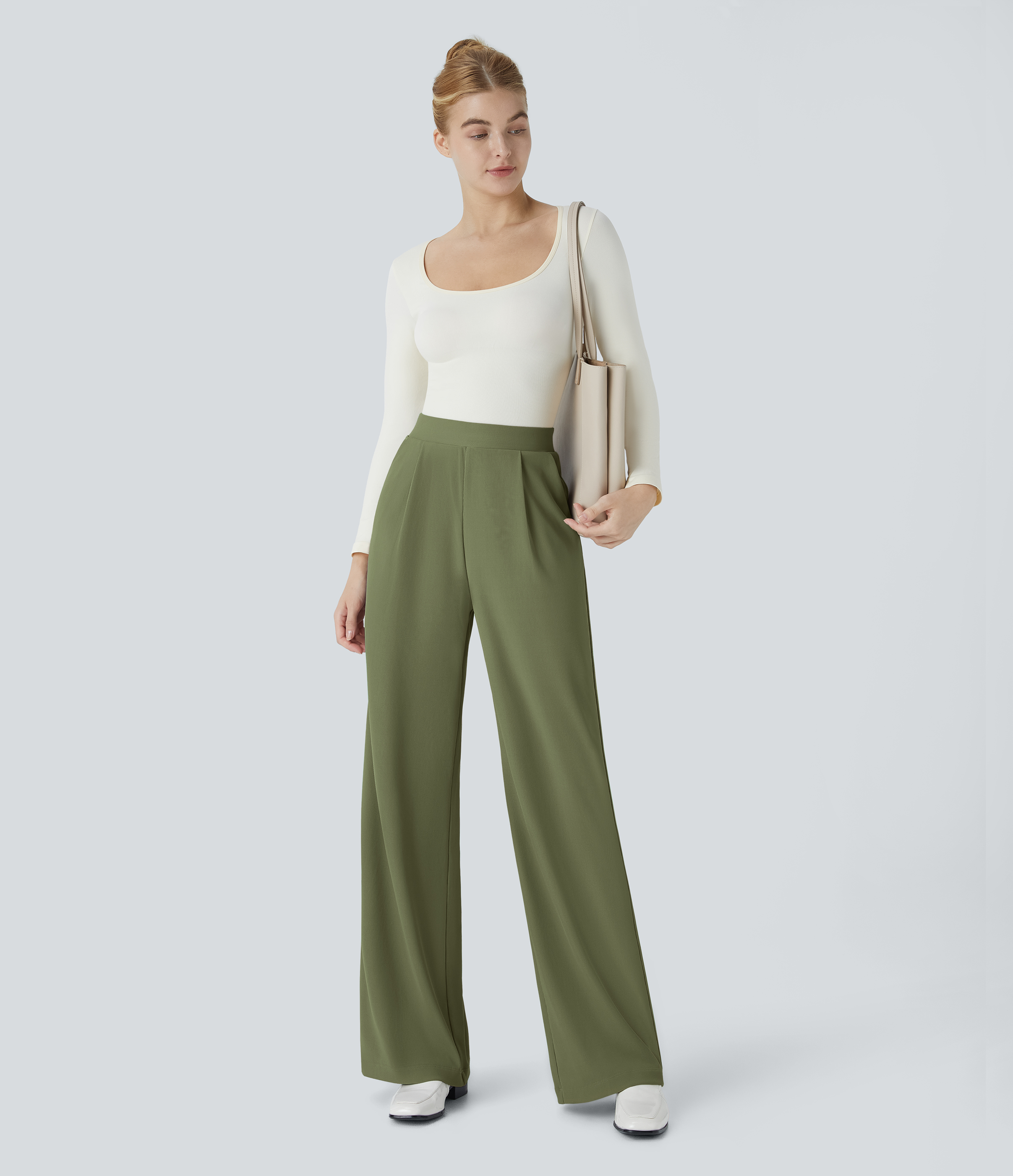 Halara Halara Flexв„ў High Waisted Body Sculpt Waist-Slimming Side Pocket Wide Leg Micro Waffle Work Pants  - Mosstone - XS(petite) sweatpants 