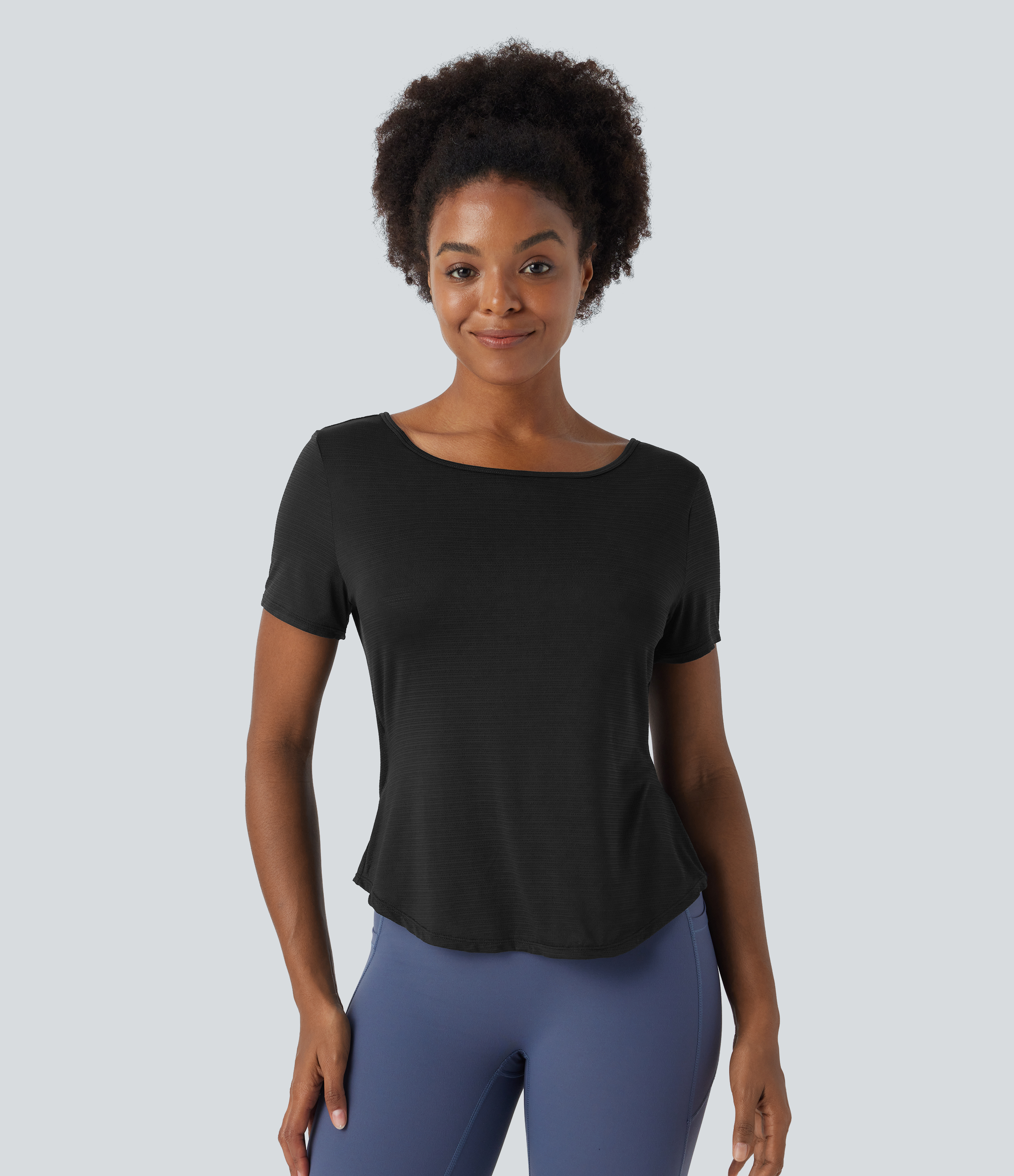 Halara Sheer Round Neck Short Sleeve Cut Out Asymmetric Hem Jacquard Yoga Sports Top  - Black - S 