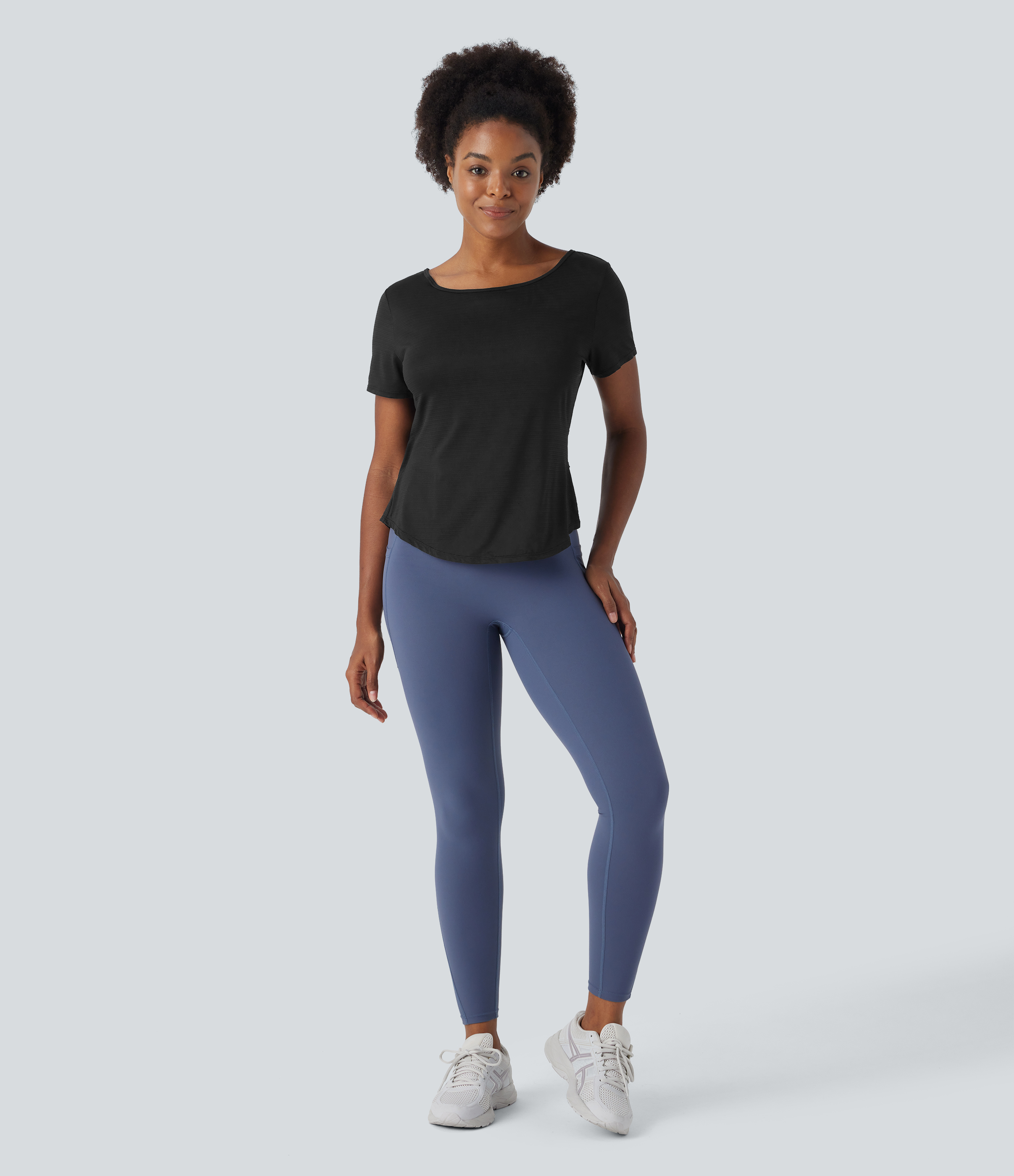 Halara Sheer Round Neck Short Sleeve Cut Out Asymmetric Hem Jacquard Yoga Sports Top  - Black - S 