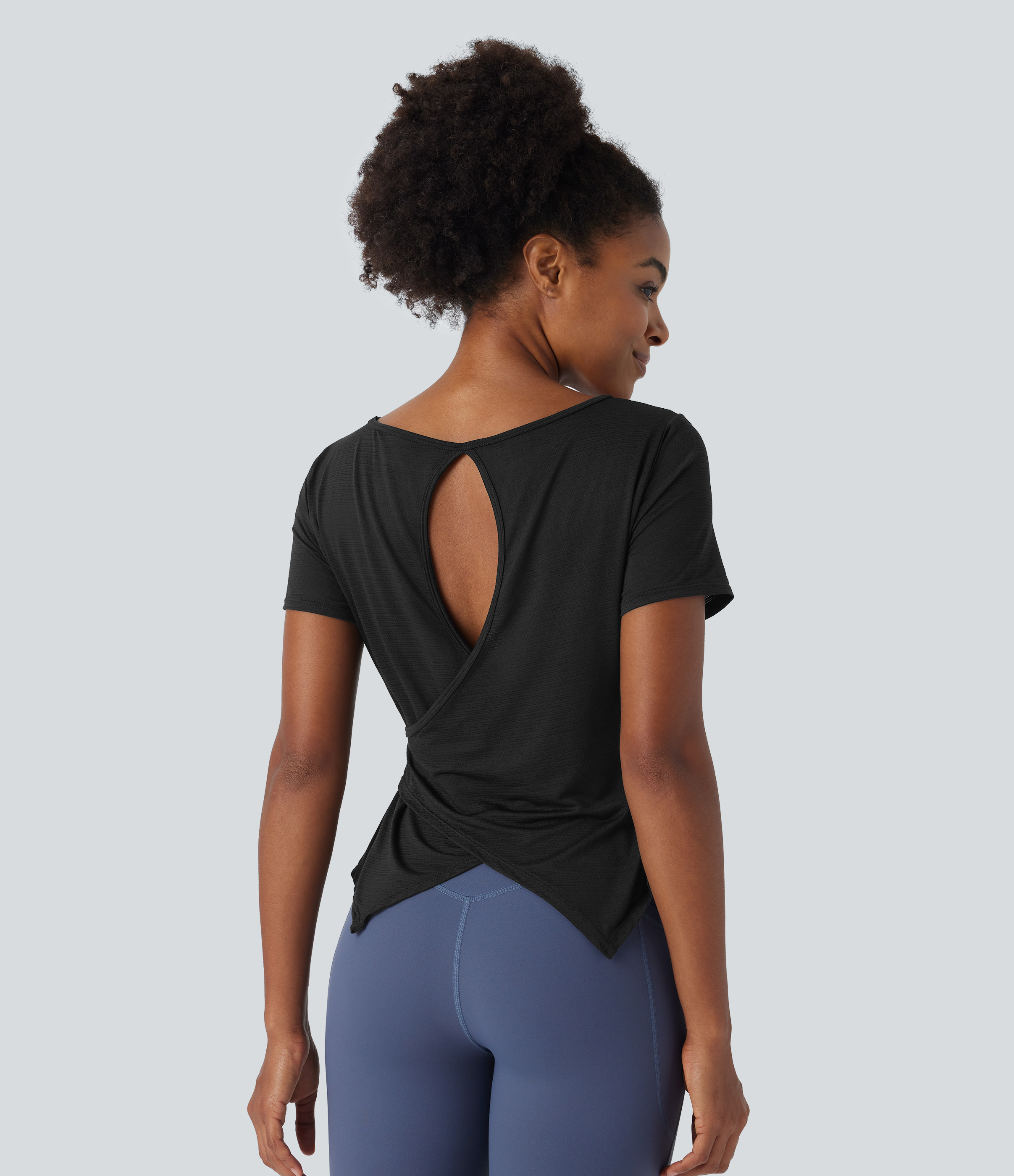 Halara Sheer Round Neck Short Sleeve Cut Out Asymmetric Hem Jacquard Yoga Sports Top  - Black - S 
