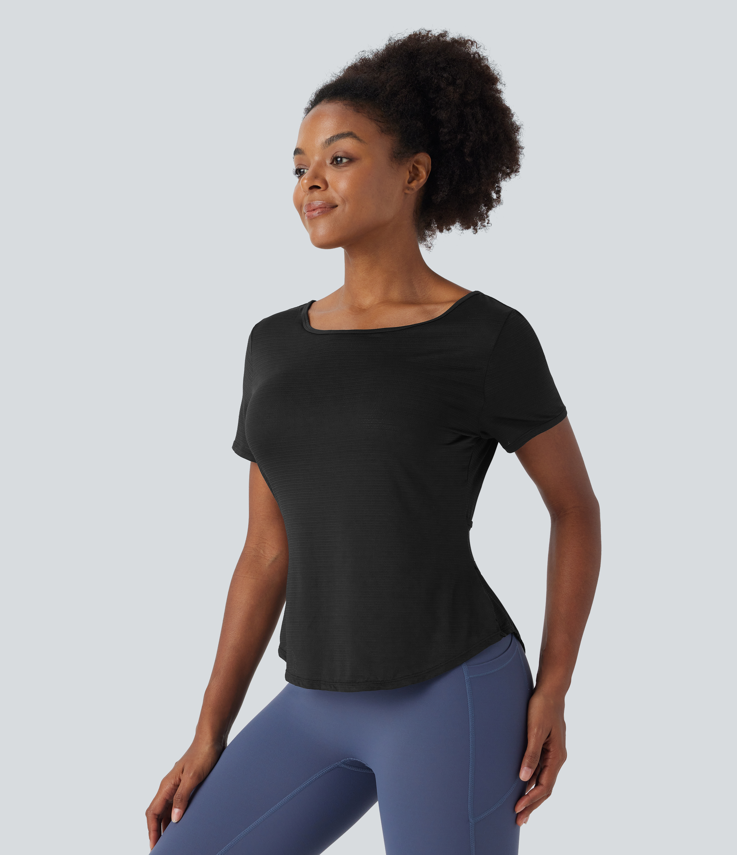 Halara Sheer Round Neck Short Sleeve Cut Out Asymmetric Hem Jacquard Yoga Sports Top  - Black - S 