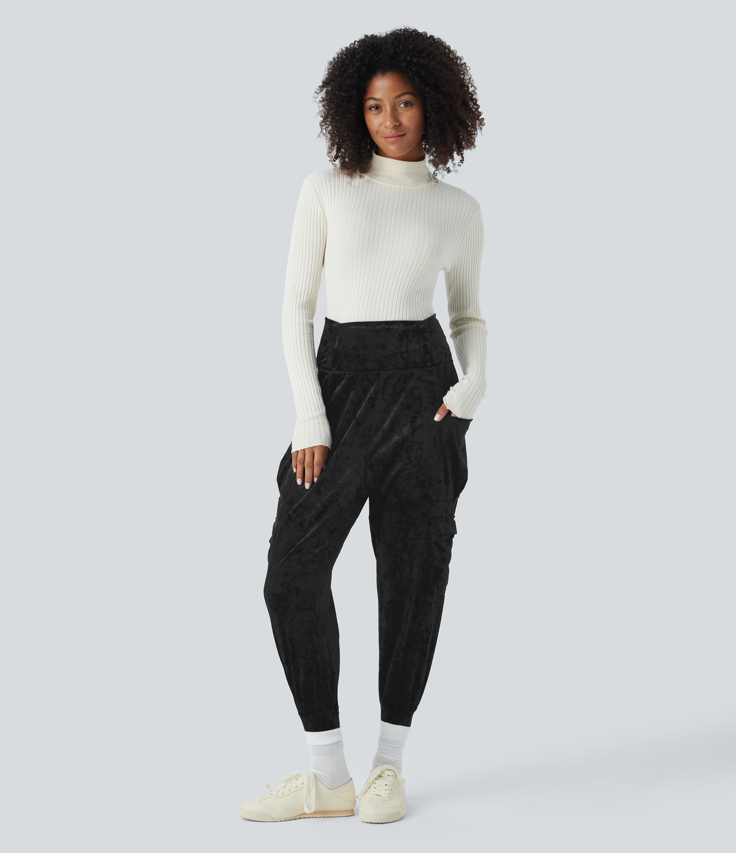Halara High Waisted Side Pocket Velvet Harem Casual Joggers  - Black - XL(regular) 