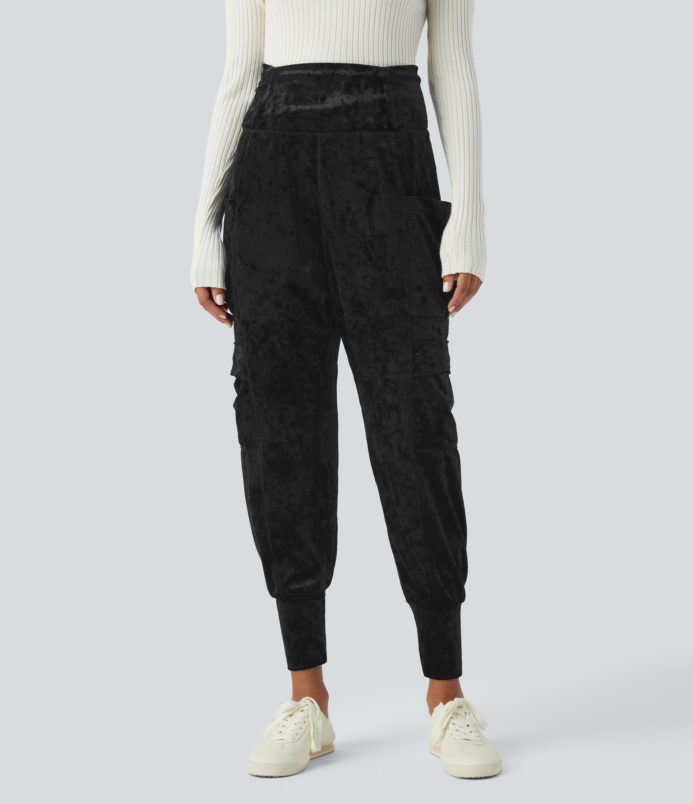 Halara High Waisted Side Pocket Velvet Harem Casual Joggers  - Black - XL(regular) 