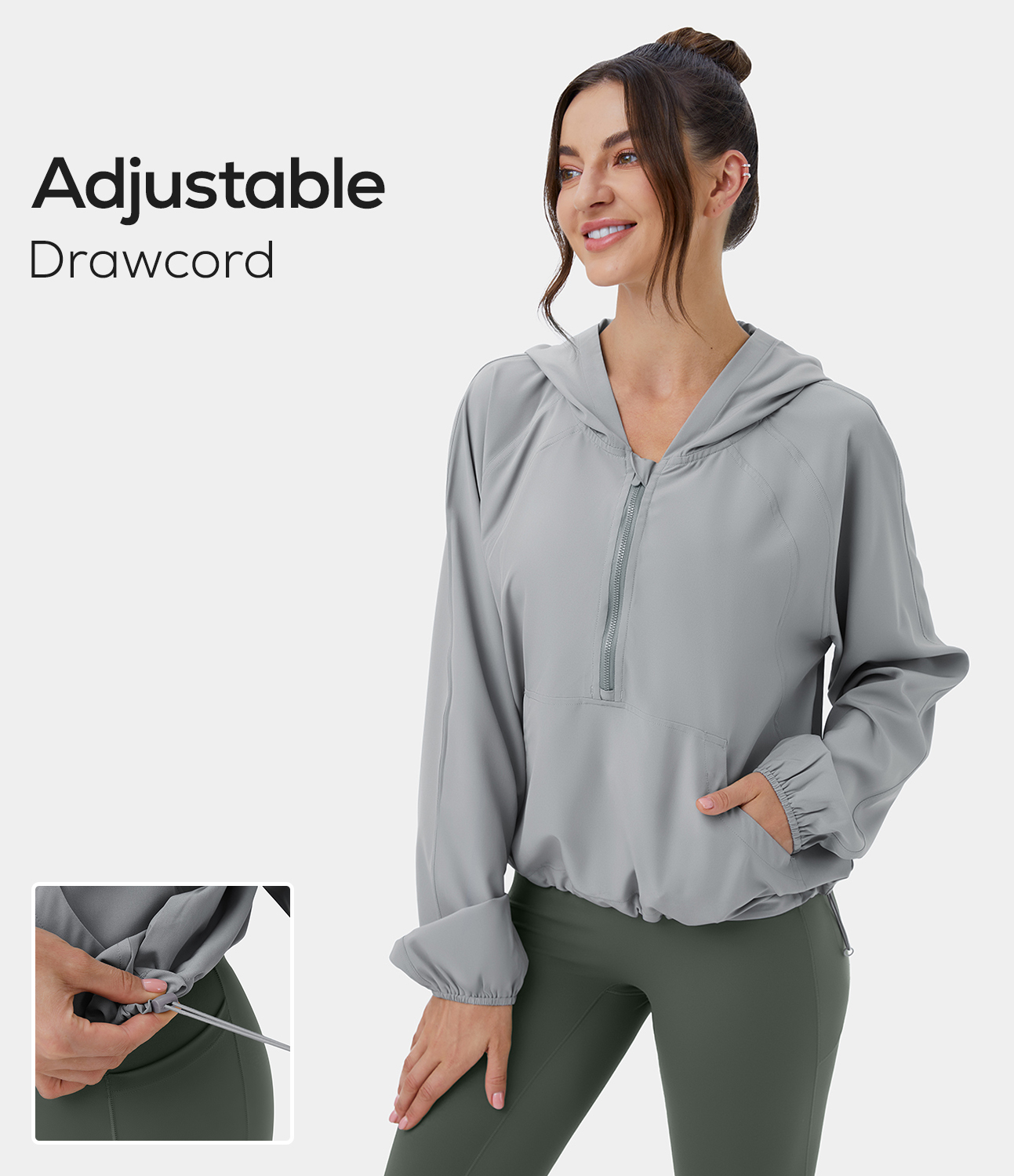 Women's Hooded Half Zip Kangaroo Pocket Drawstring Yoga Jacket HALARA