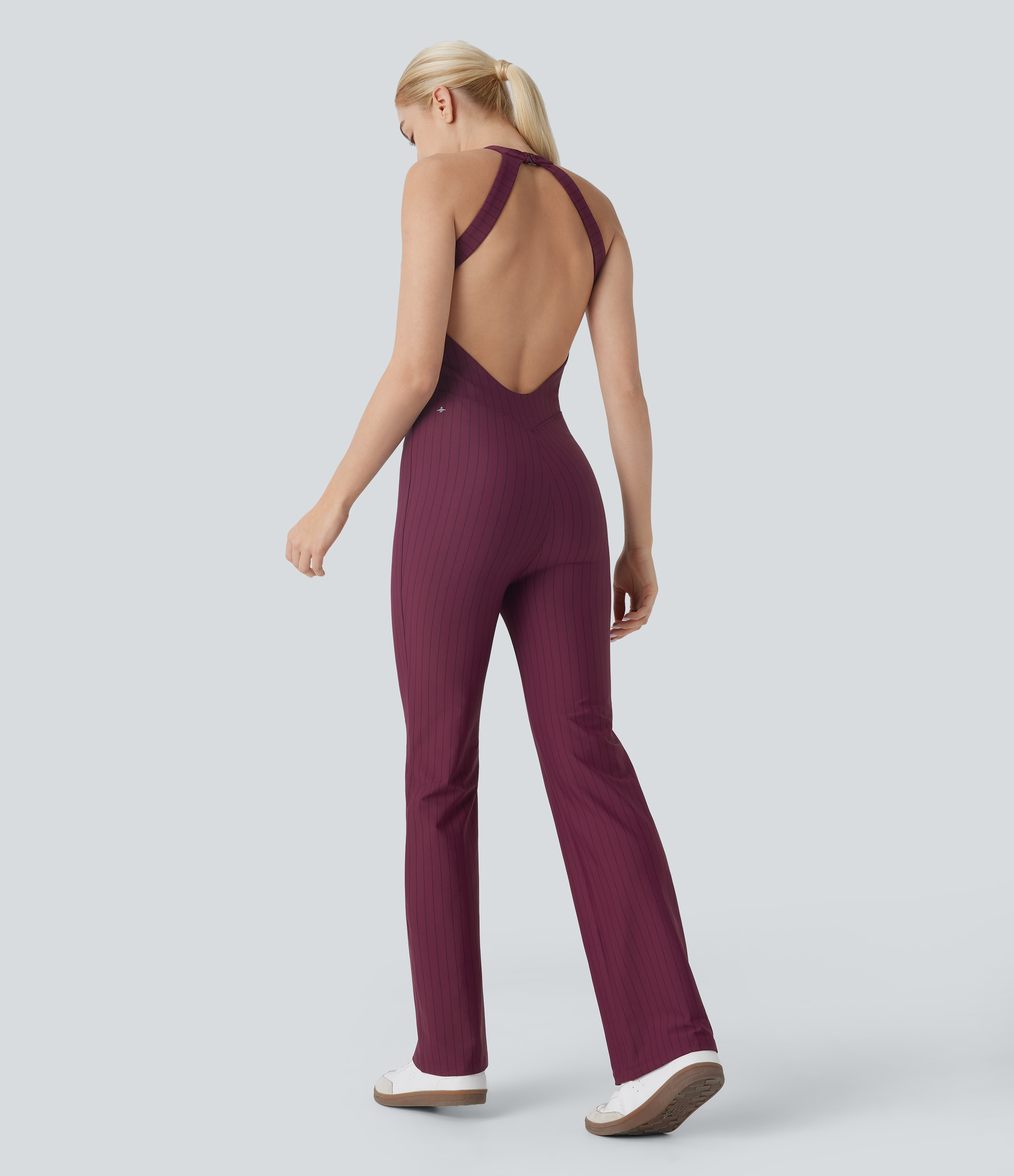 Wine Red and Black Stripe Mono yoga cuello halter sin espalda corte acampanado raya tacto fresco / 2