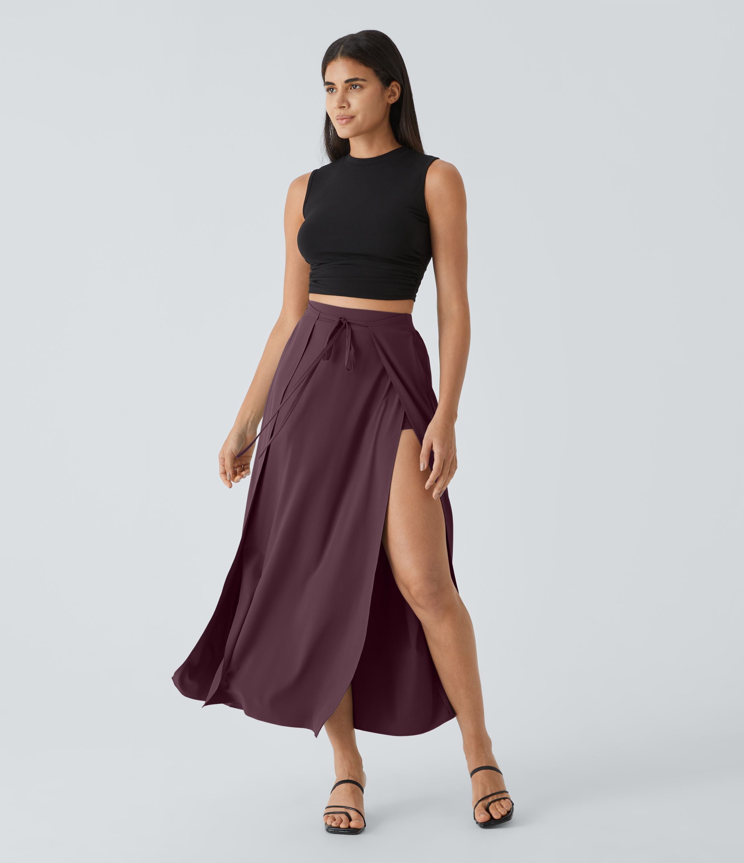 Halara Breezefulв„ў High Waisted Tie Front Plicated Split Flowy 2-in-1 Maxi Quick Dry Casual Skirt  - Deep Crimson - S(regular) 