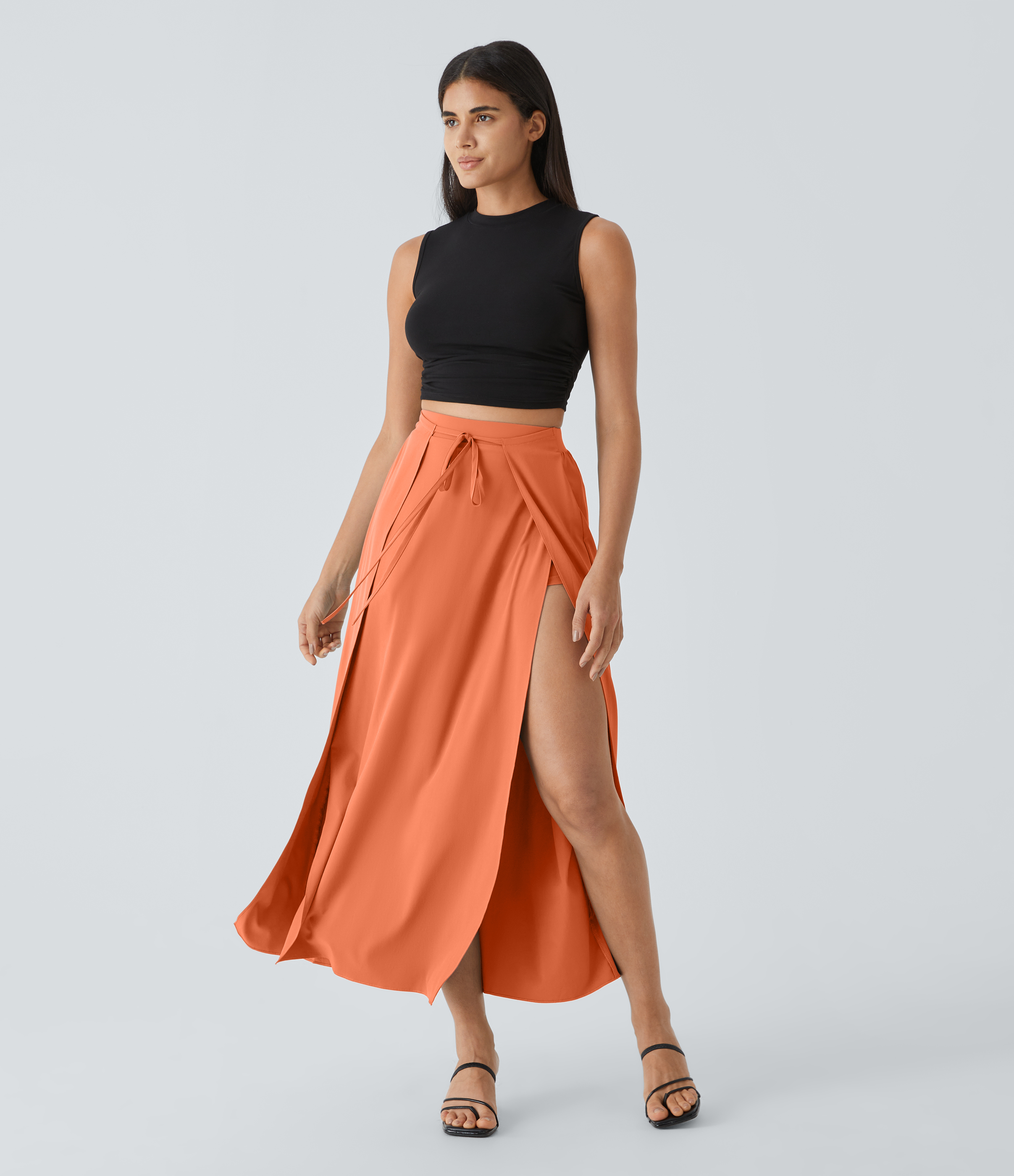 Halara Breezefulв„ў High Waisted Tie Front Plicated Split Flowy 2-in-1 Maxi Quick Dry Casual Skirt  - Blush Orange - L(regular) 