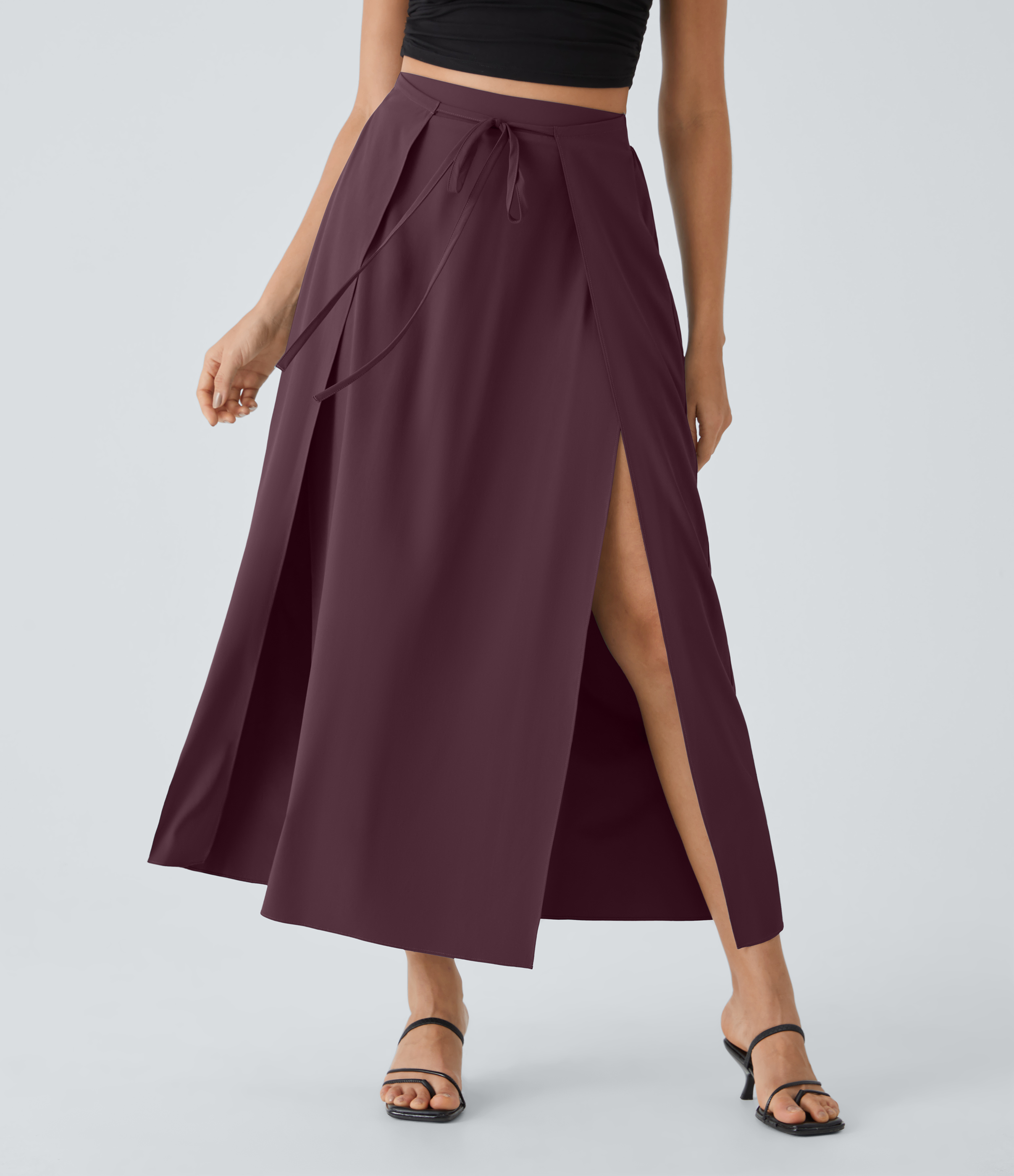 Halara Breezefulв„ў High Waisted Tie Front Plicated Split Flowy 2-in-1 Maxi Quick Dry Casual Skirt  - Deep Crimson - S(regular) 