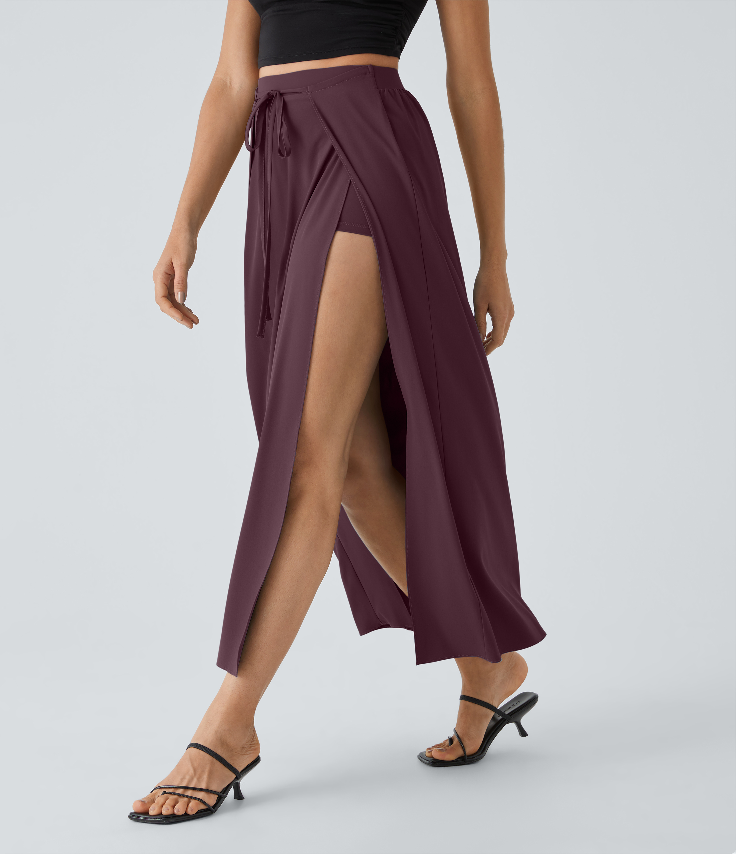 Halara Breezefulв„ў High Waisted Tie Front Plicated Split Flowy 2-in-1 Maxi Quick Dry Casual Skirt  - Deep Crimson - S(regular) 