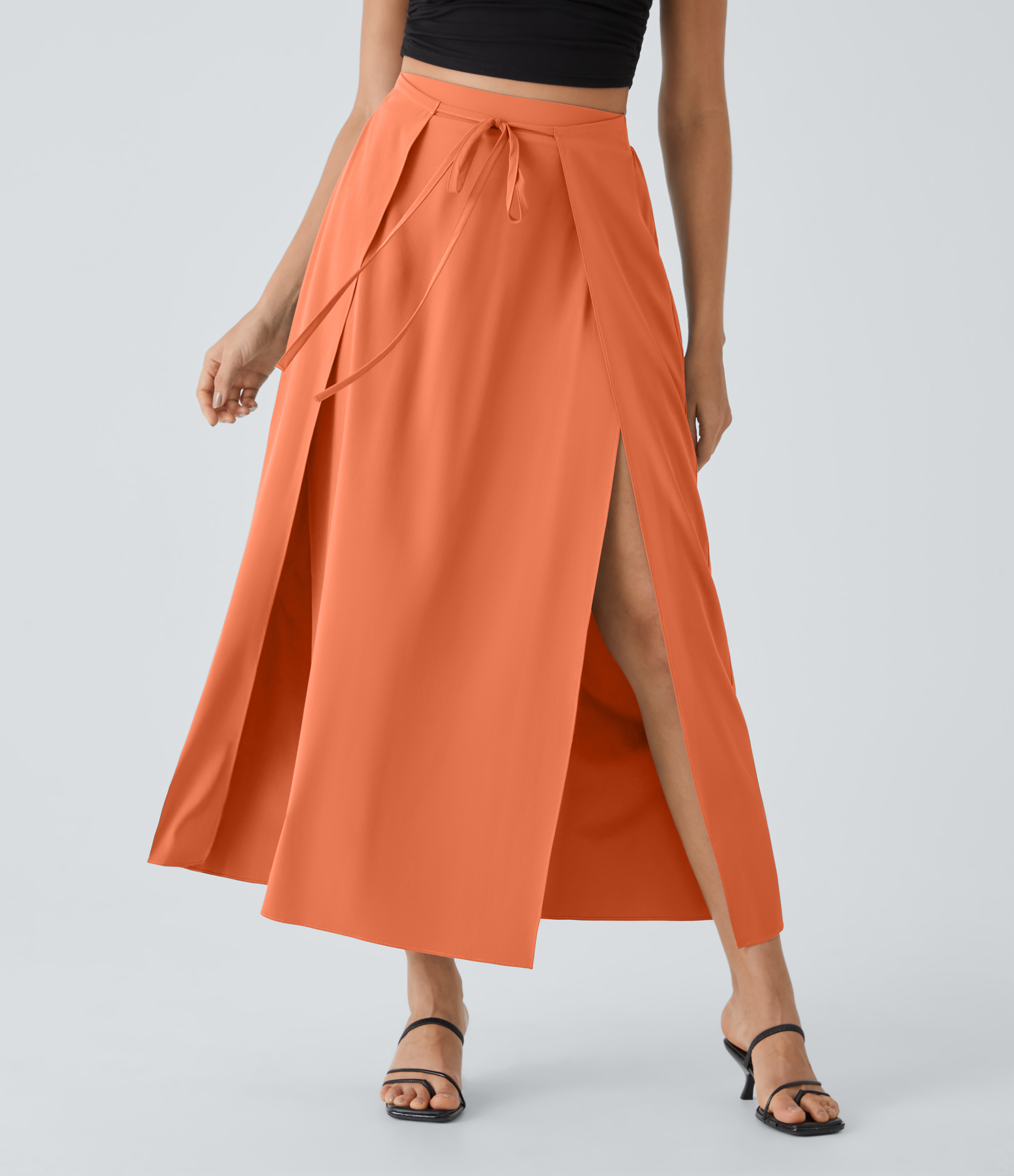 Halara Breezefulв„ў High Waisted Tie Front Plicated Split Flowy 2-in-1 Maxi Quick Dry Casual Skirt  - Blush Orange - L(regular) 