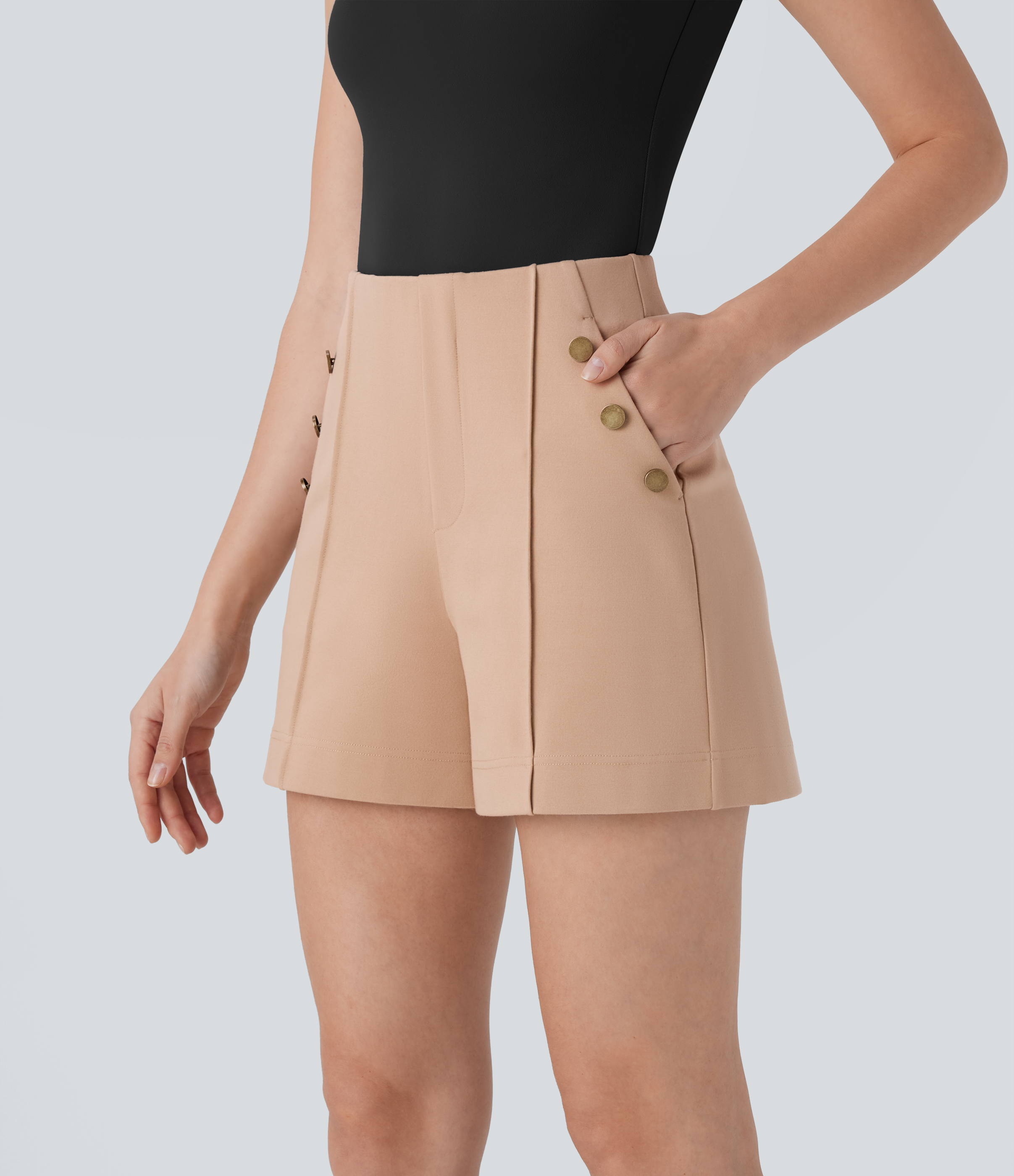 Halara High Waisted Decorative Button Side Pocket Work Shorts  - Pebble - M booty shorts compression shorts yoga shorts 
