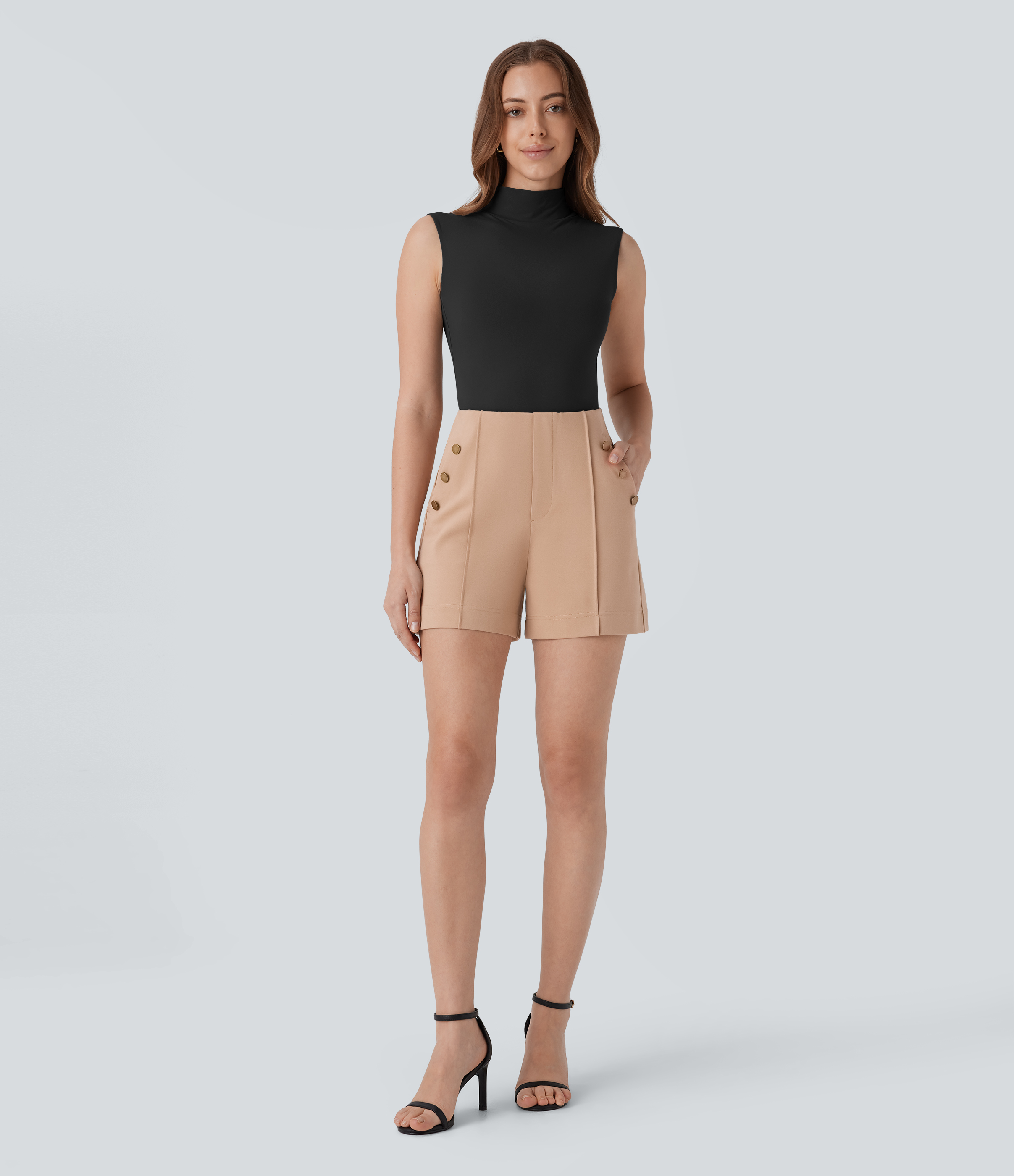 Halara High Waisted Decorative Button Side Pocket Work Shorts  - Pebble - M booty shorts compression shorts yoga shorts 