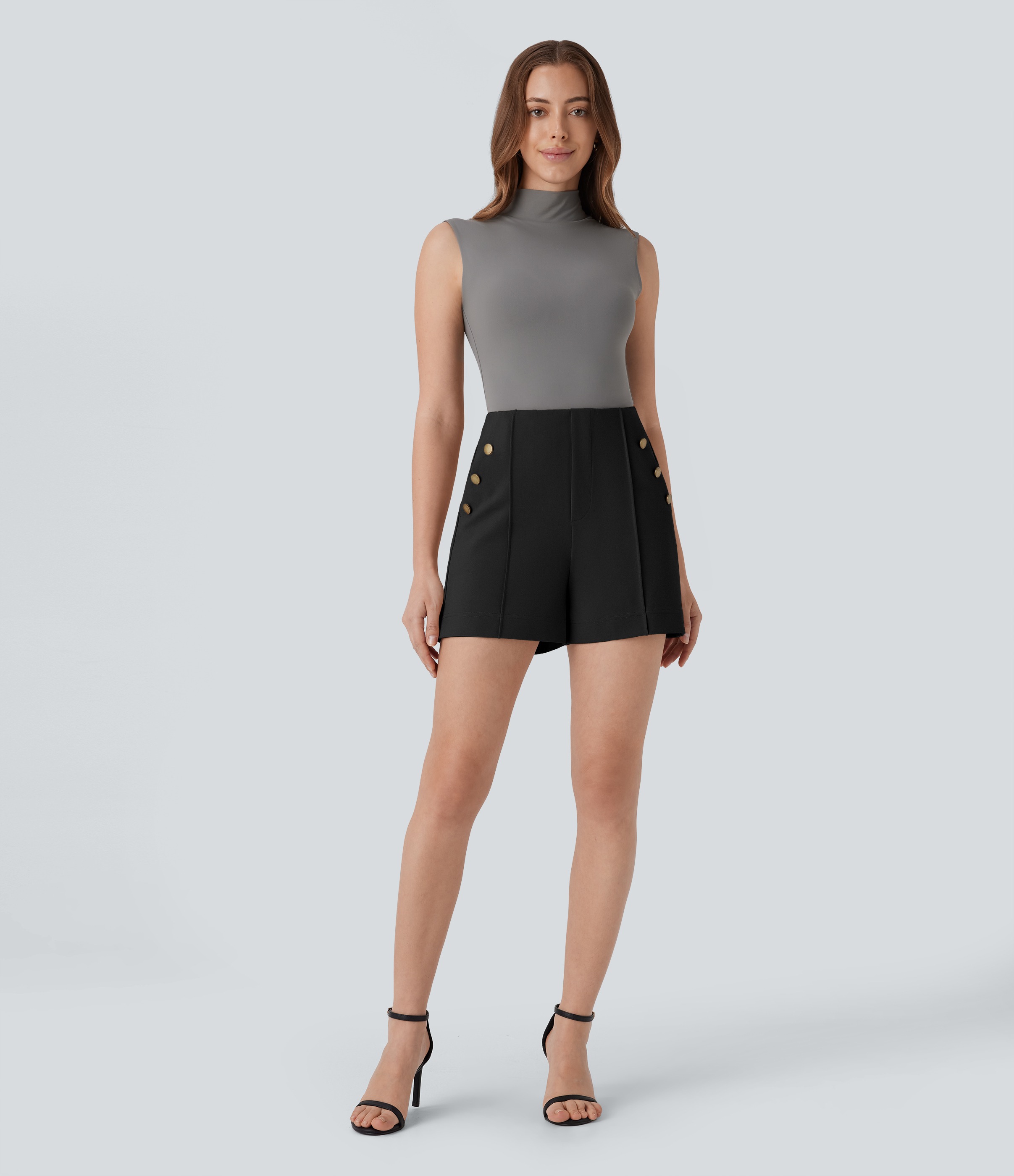 Halara High Waisted Decorative Button Side Pocket Work Shorts  - Black - L booty shorts compression shorts yoga shorts 