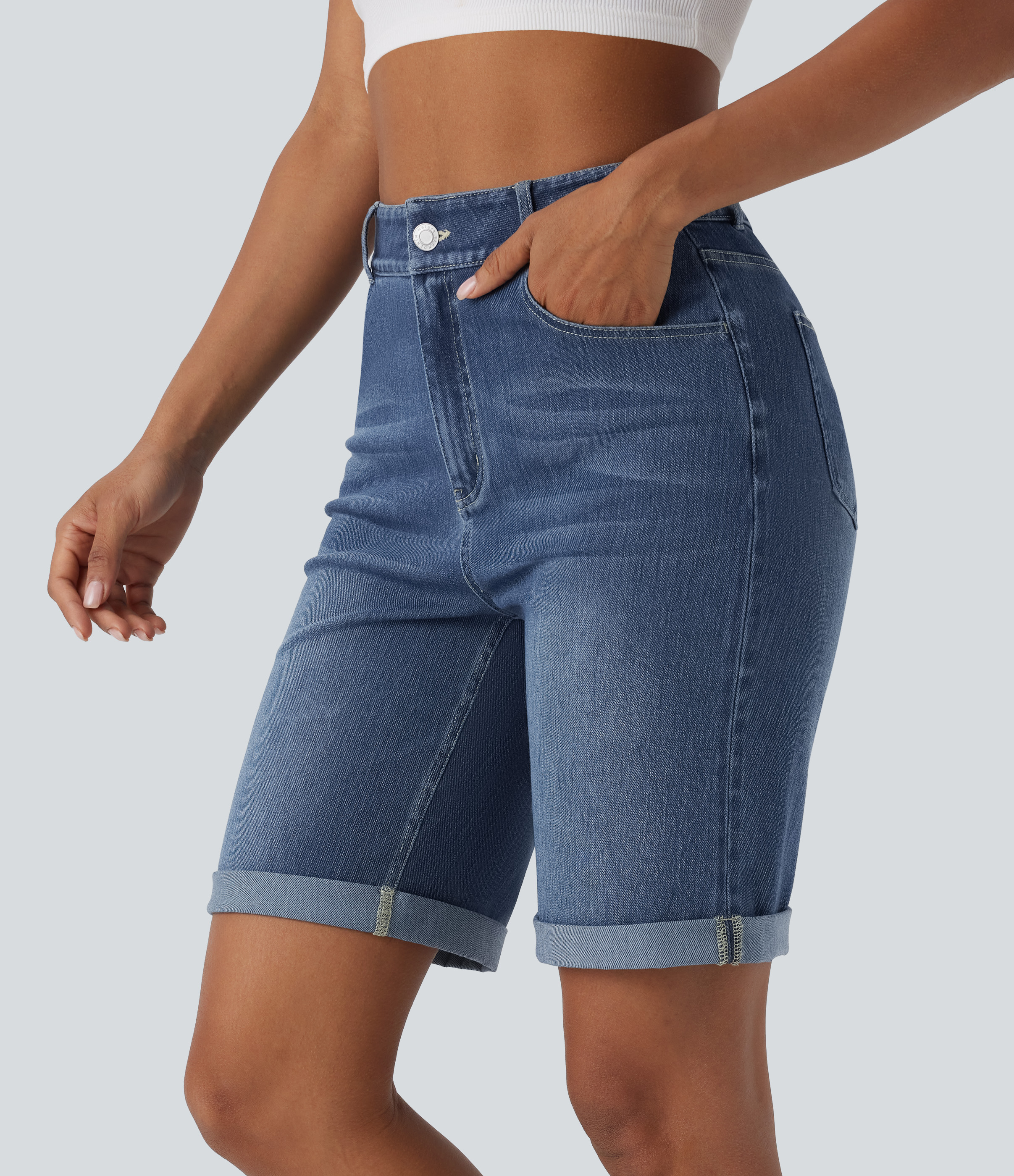 Halara Flex™ High Waisted Pockets Rolled Hem Washed Denim Casual Bermuda Shorts