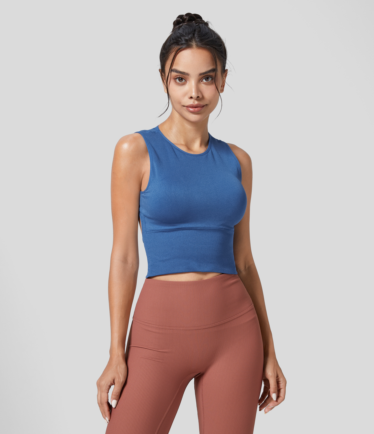 Halara Seamless Flow Round Neck Sleeveless Backless Solid Yoga Tank Top Tank Top - Star Sapphire - S golf tops halter top tunic tops 