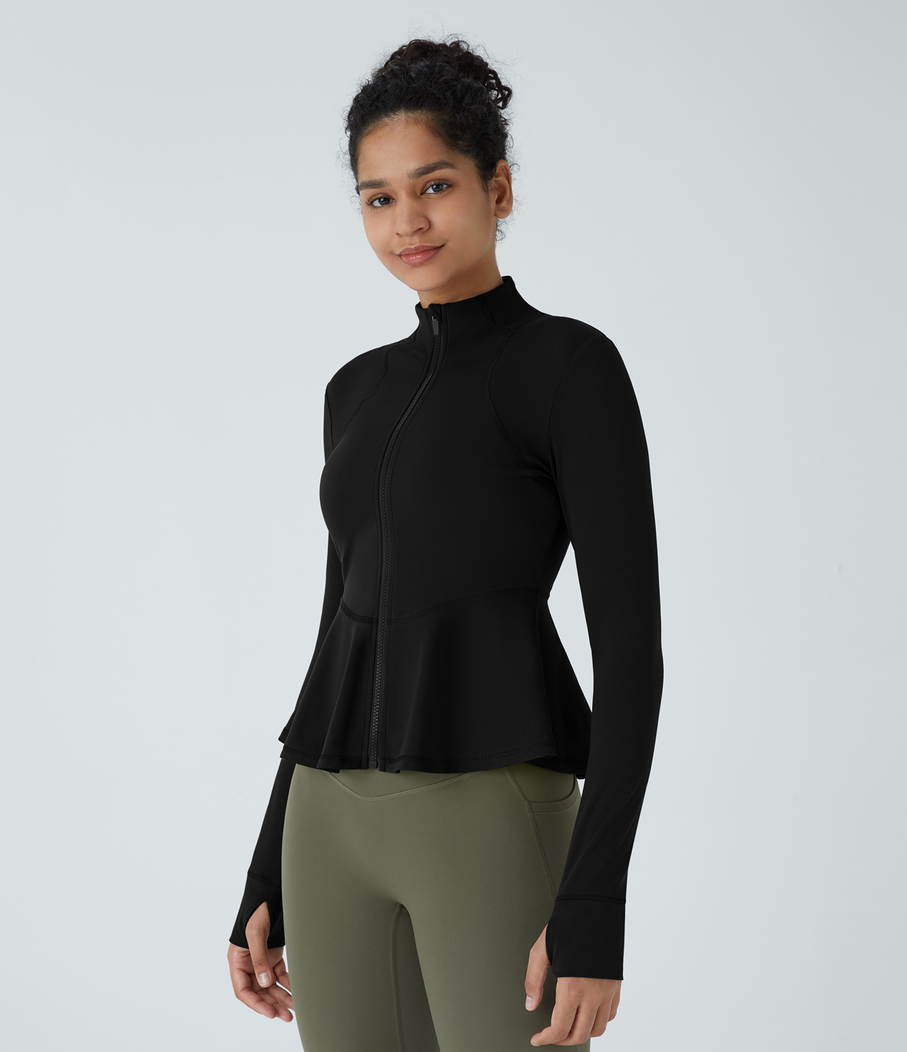 Halara Stand Collar Zipper Thumb Hole Ruffle Hem Yoga Jacket  - Black - L 