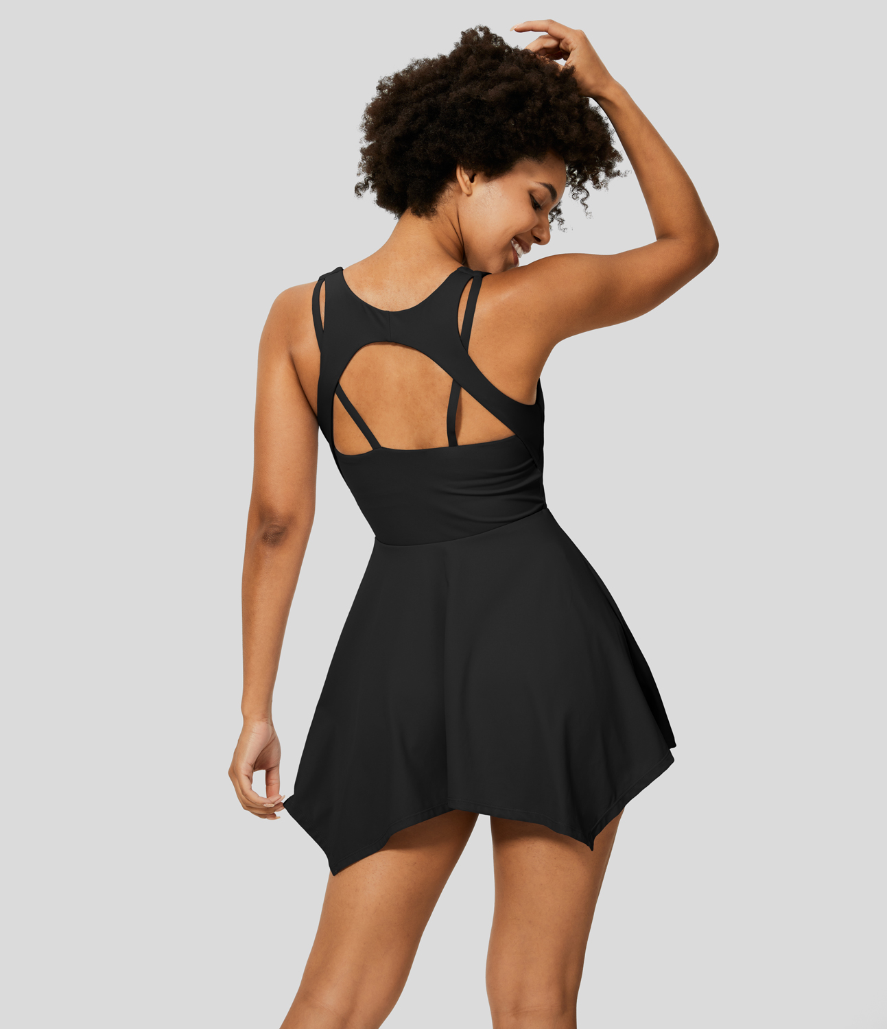 Halara V Neck Backless 2-in-1 Side Pocket Flowy Mini Tennis Active Dress Workout Dress - Black - XS 