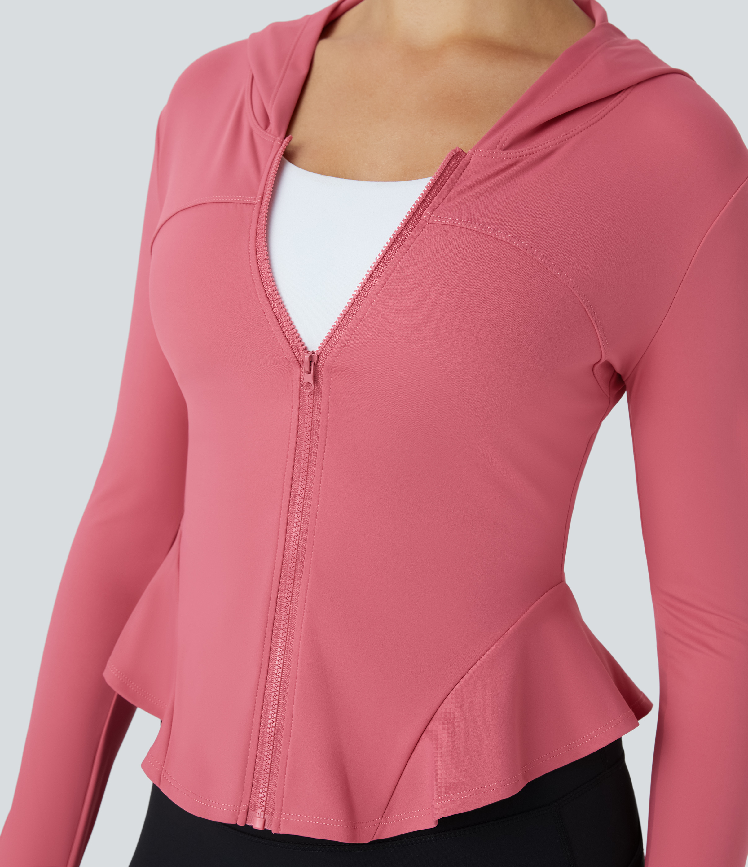 Halara Softlyzeroв„ў Airy Zipper Long Sleeve Thumb Hole Ruffle Hem Hooded Slim Cool Touch Yoga Jacket  - Begonia Rouge - XL 
