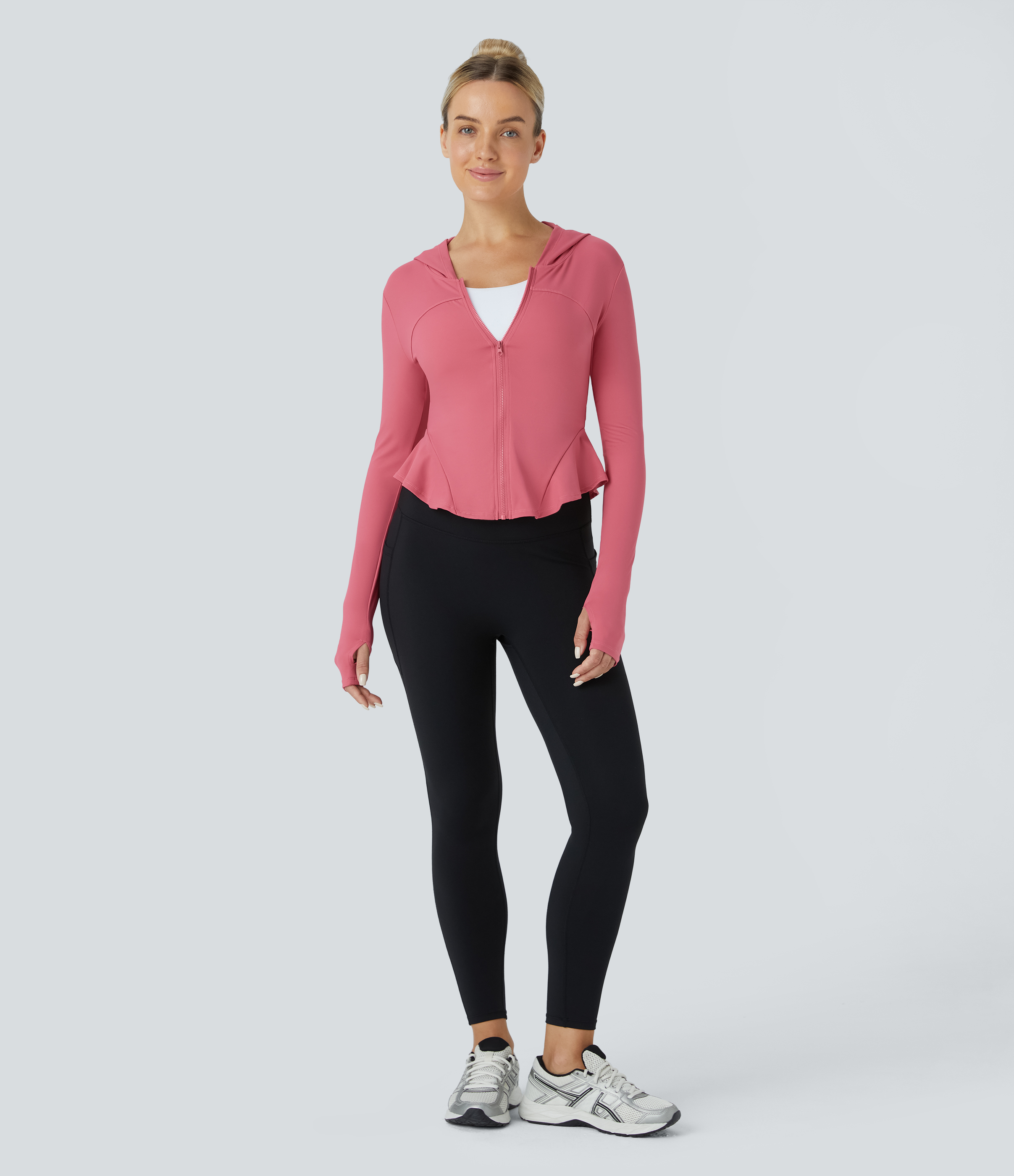 Halara Softlyzeroв„ў Airy Zipper Long Sleeve Thumb Hole Ruffle Hem Hooded Slim Cool Touch Yoga Jacket  - Begonia Rouge - XL 
