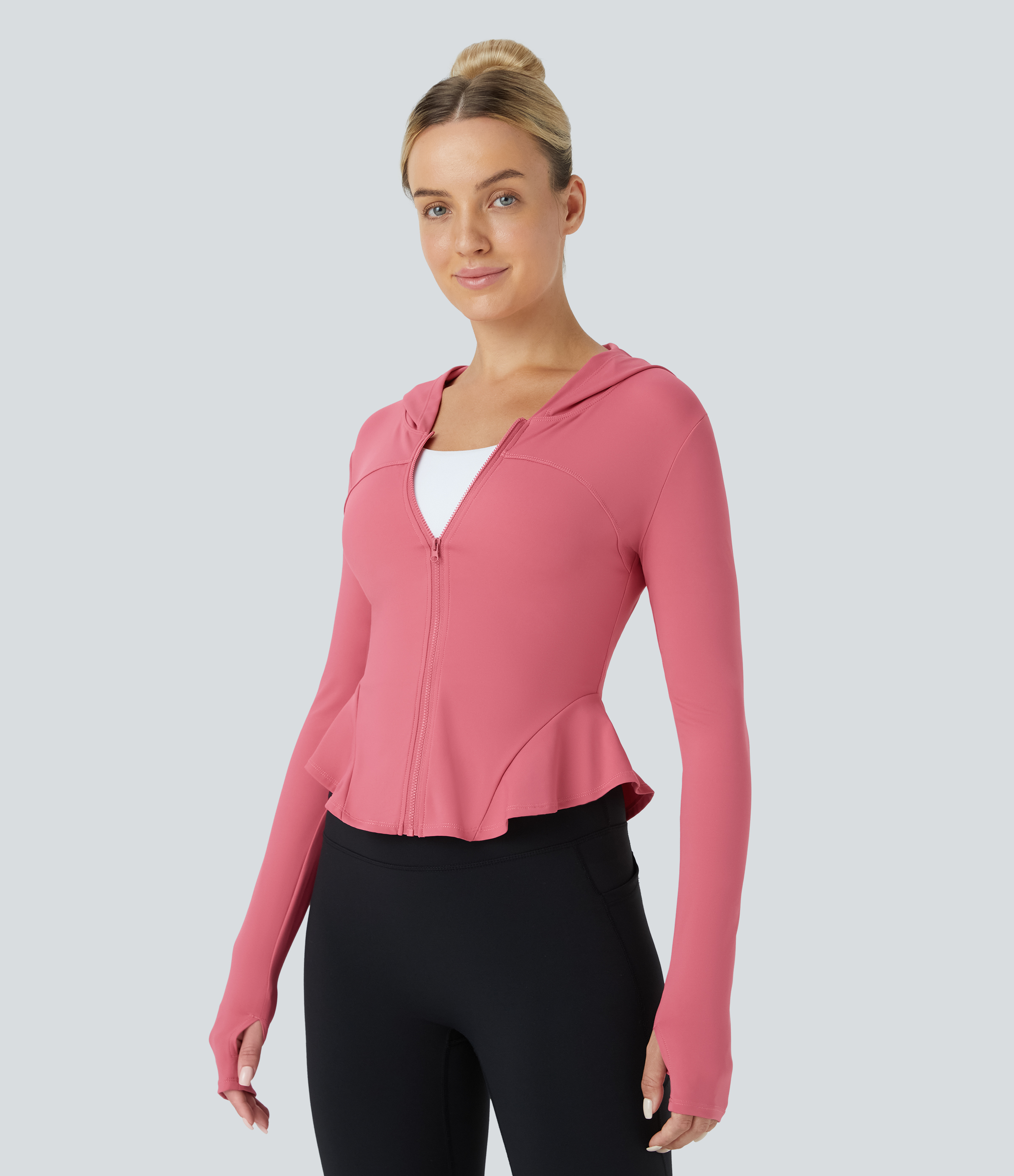 Halara Softlyzeroв„ў Airy Zipper Long Sleeve Thumb Hole Ruffle Hem Hooded Slim Cool Touch Yoga Jacket  - Begonia Rouge - XL 