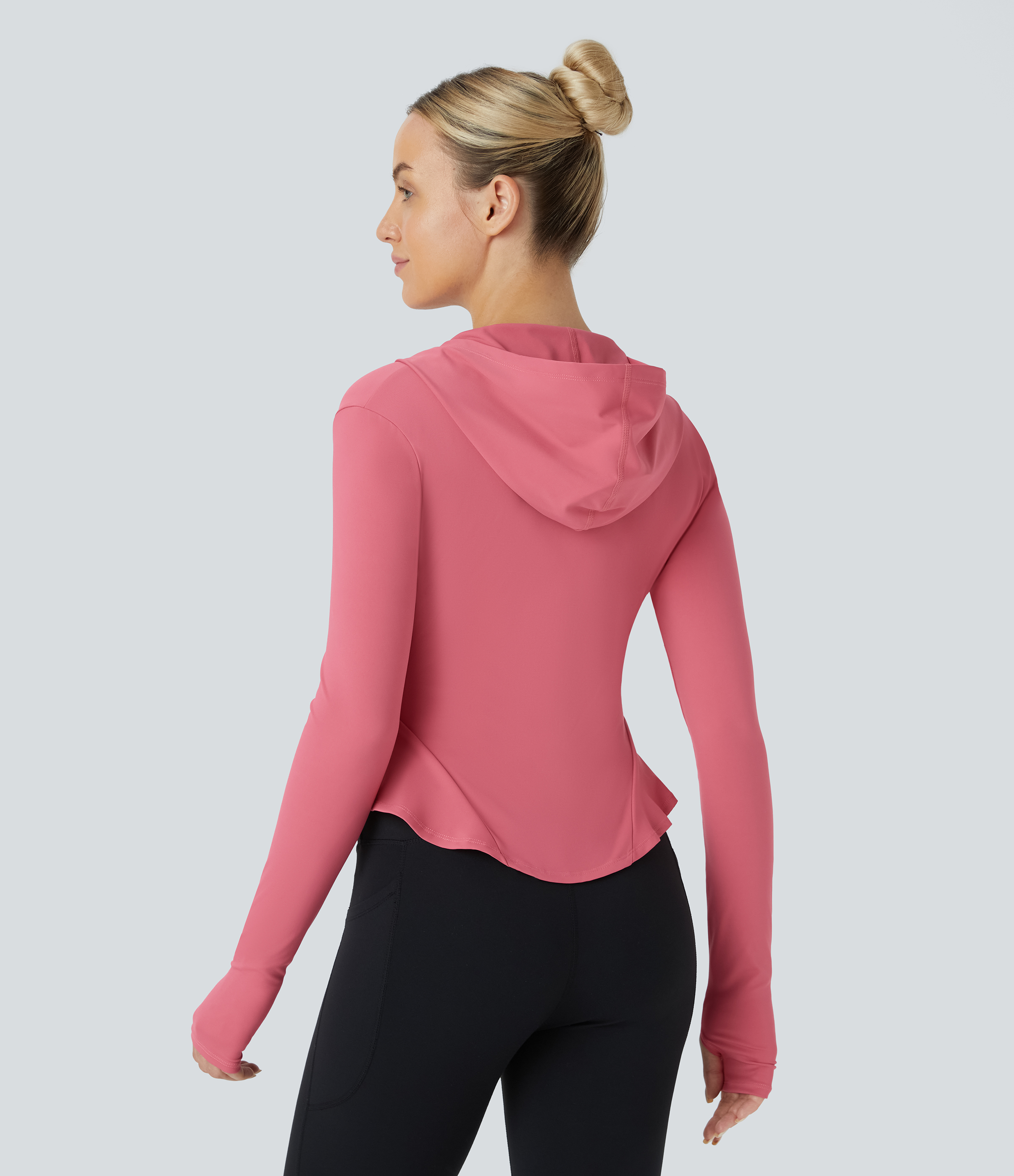 Halara Softlyzeroв„ў Airy Zipper Long Sleeve Thumb Hole Ruffle Hem Hooded Slim Cool Touch Yoga Jacket  - Begonia Rouge - XL 