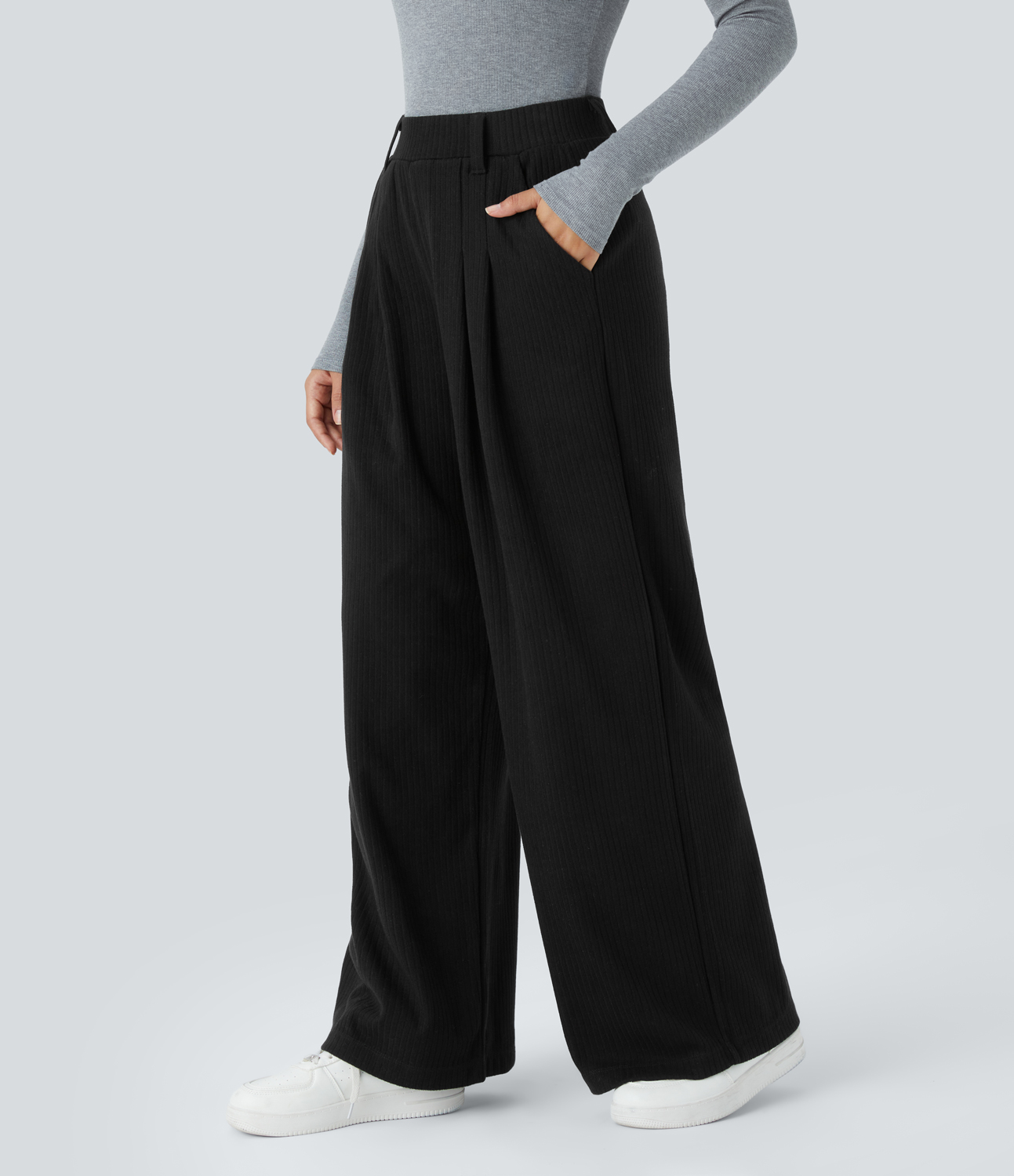 

Halara Ribbed Knit High Waisted Plicated Side Pocket Wide Leg Casual Pants - Black -  sweatpants jogger pants stacked sweatpants