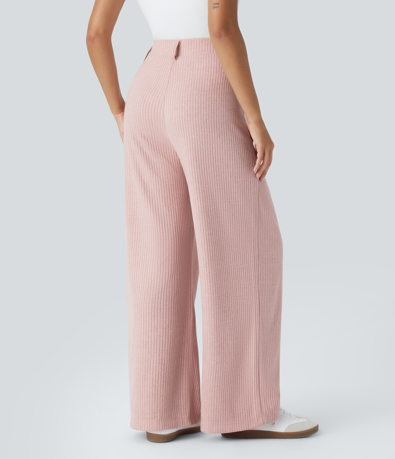 Halara Ribbed Knit High Waisted Plicated Side Pocket Wide Leg Casual Pants  - Peachskin - XS(regular) sweatpants jogger pants 