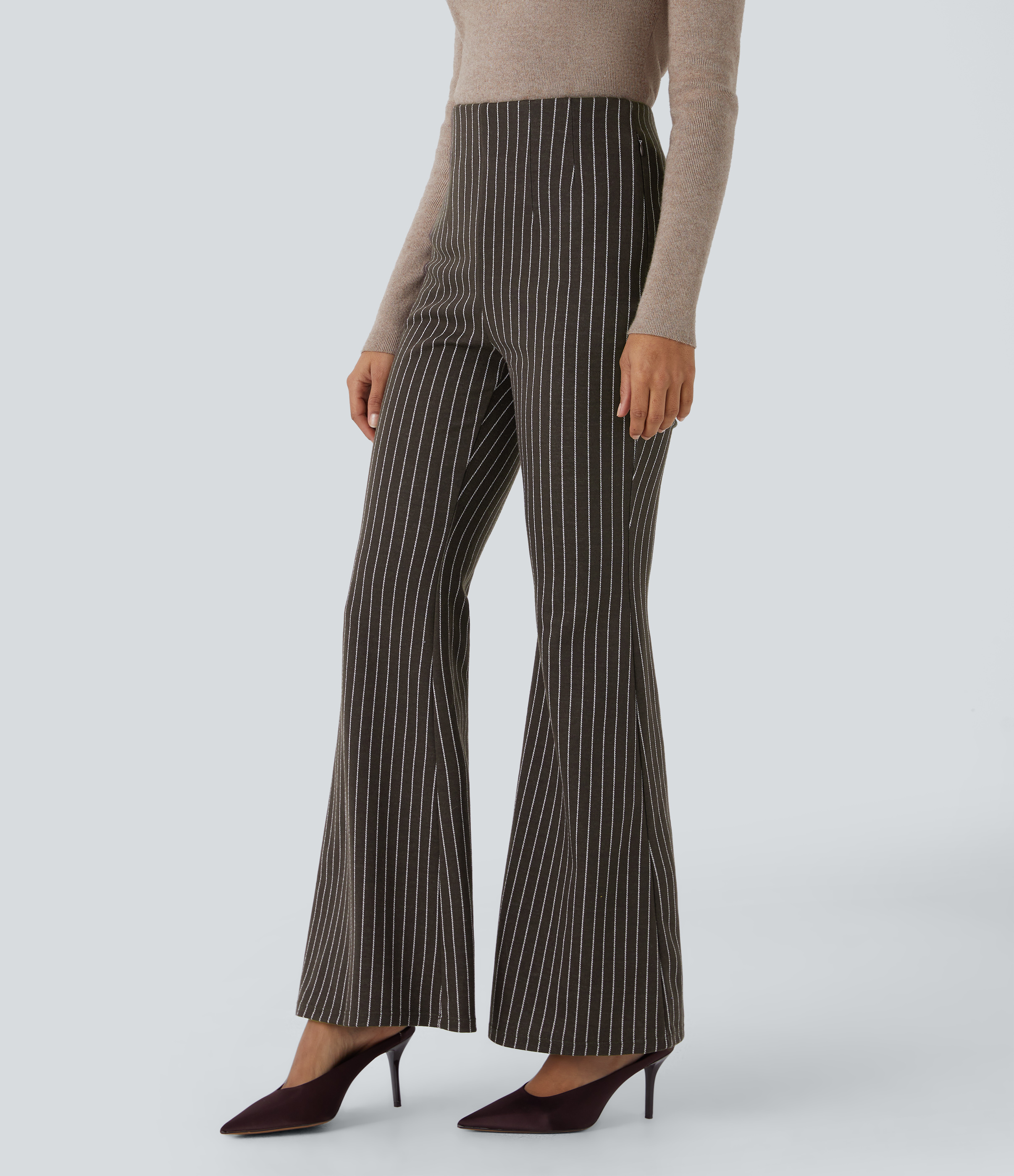 Halara High Waisted Side Zip Pocket Flare Stripe Casual Pants  - Wood Brown Stripe - S(regular) sweatpants jogger pants stacked sweatpants 