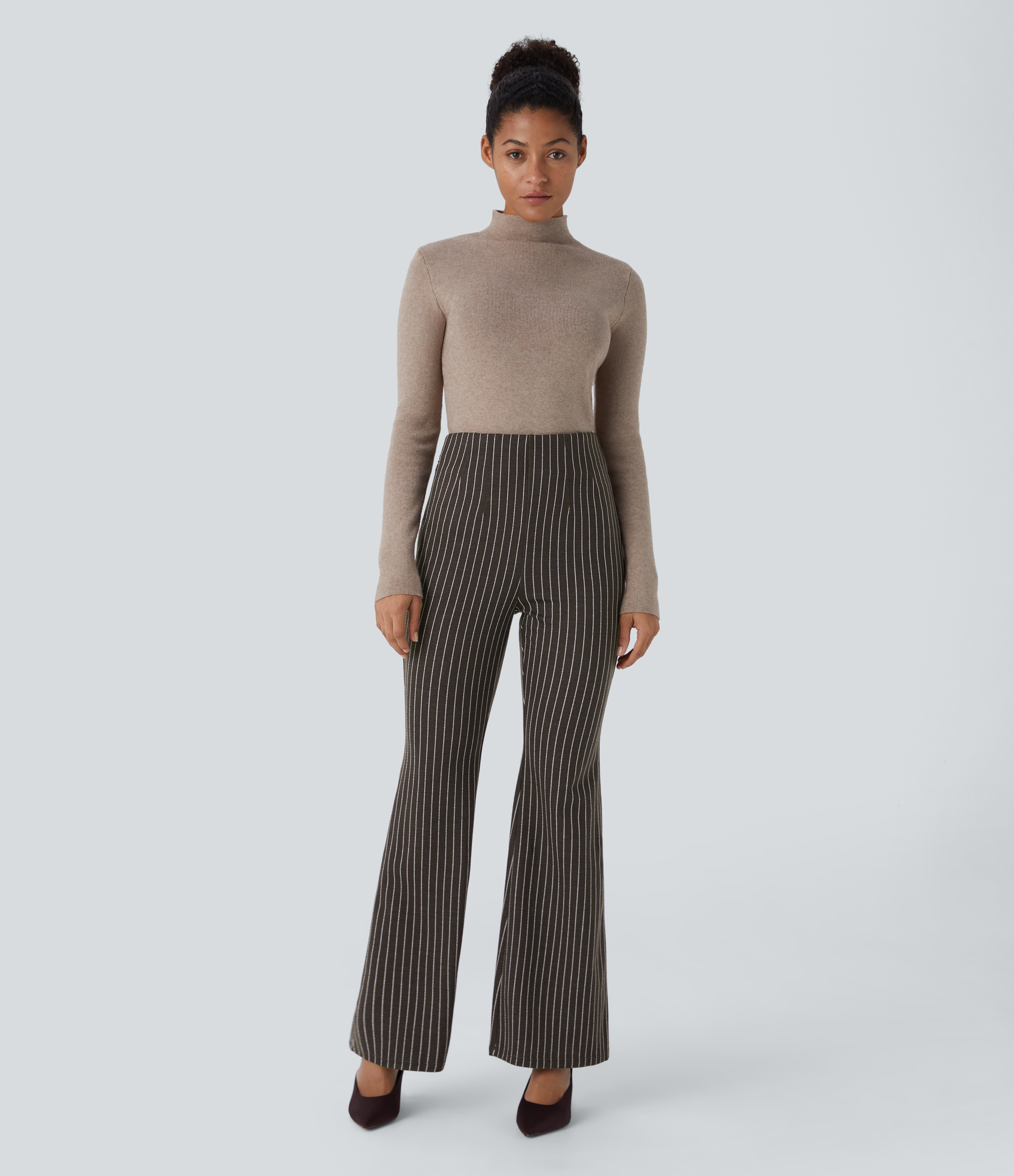 Halara High Waisted Side Zip Pocket Flare Stripe Casual Pants  - Wood Brown Stripe - S(regular) sweatpants jogger pants stacked sweatpants 