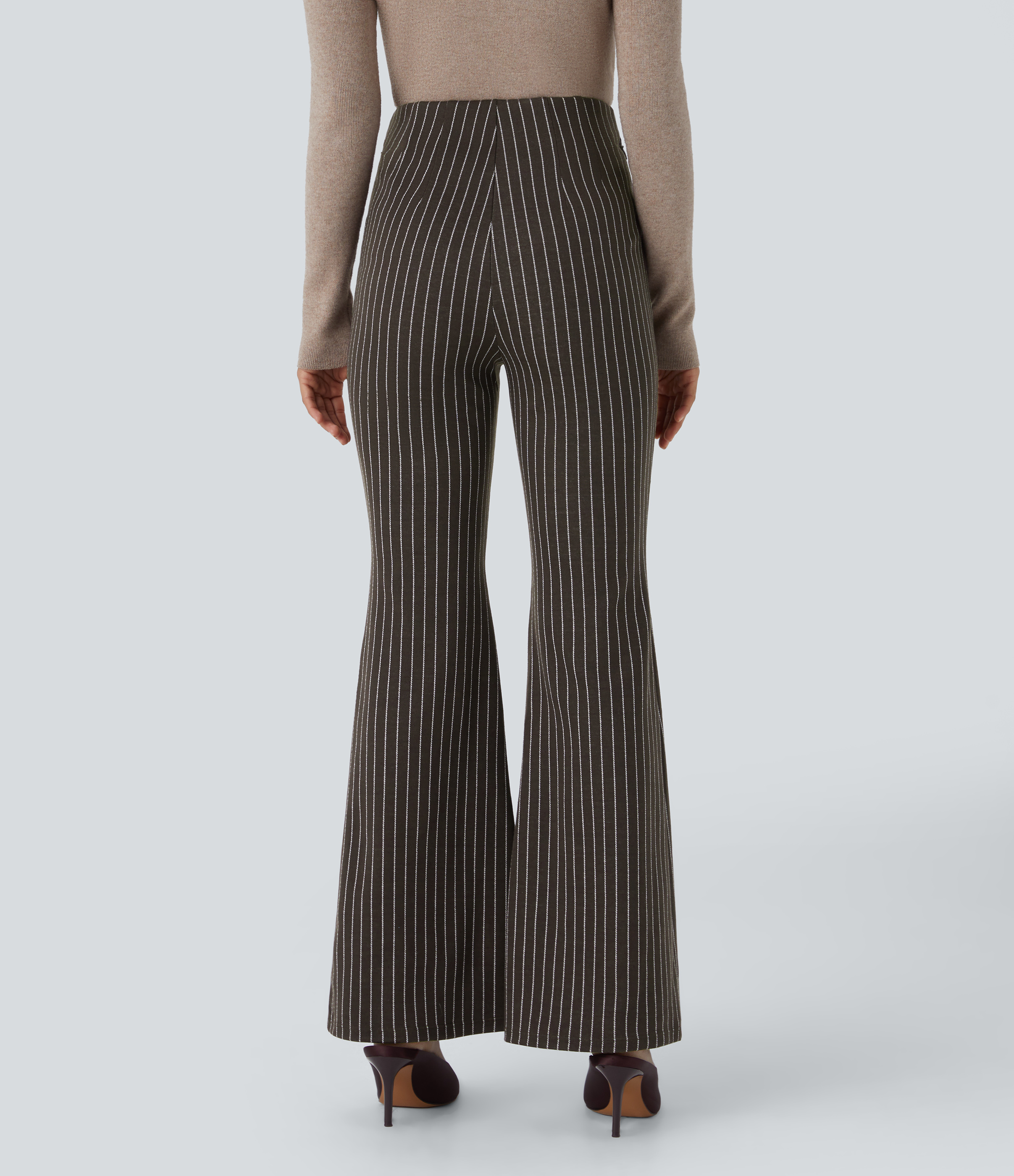 Halara High Waisted Side Zip Pocket Flare Stripe Casual Pants  - Wood Brown Stripe - S(regular) sweatpants jogger pants stacked sweatpants 