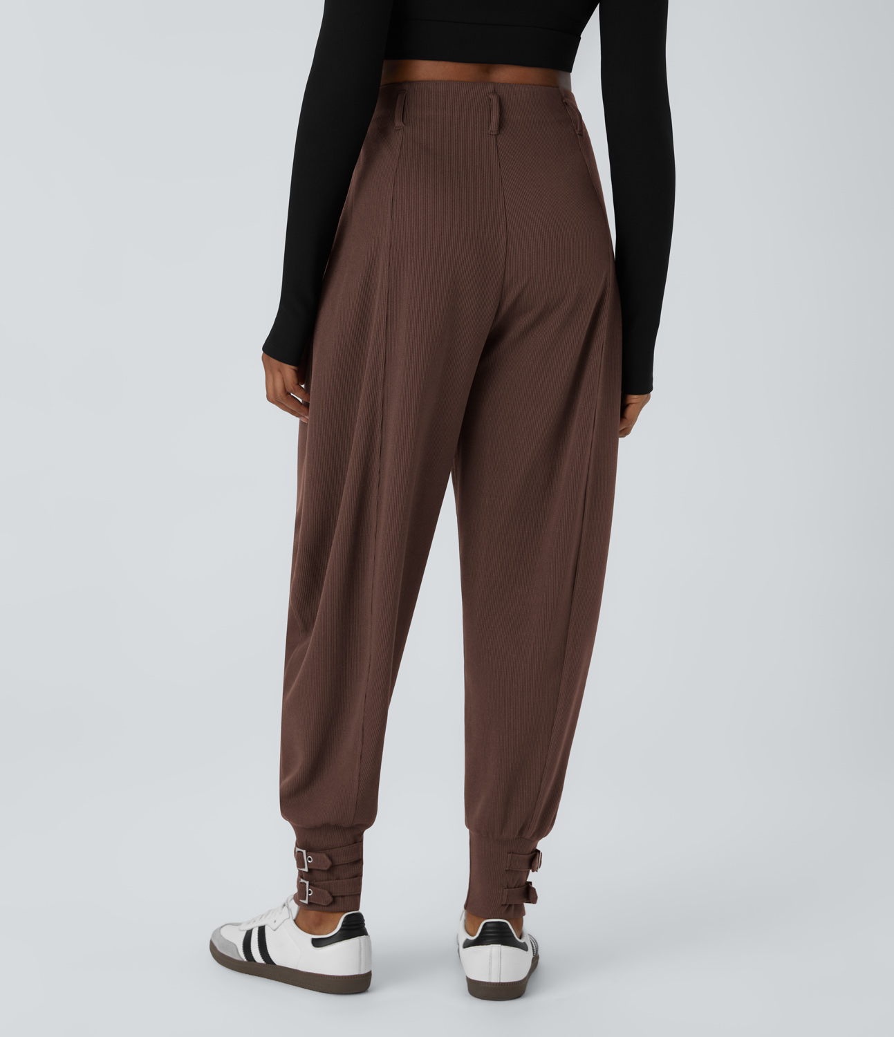 Halara Ribbed High Waisted Side Pocket Adjustable Buckle Hem Casual Joggers  - Chestnut - XS(regular) 