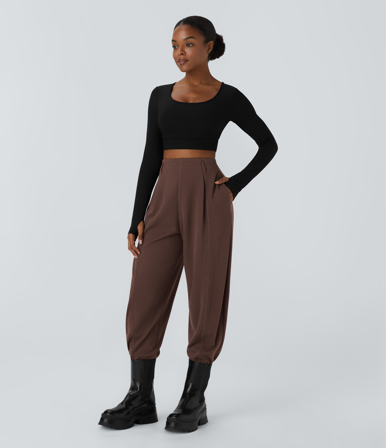 Halara Ribbed High Waisted Side Pocket Adjustable Buckle Hem Casual Joggers  - Chestnut - XS(regular) 
